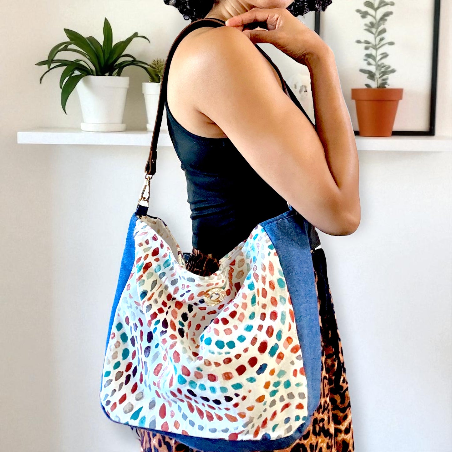 Whimsical Print & Denim Shoulder Bag
