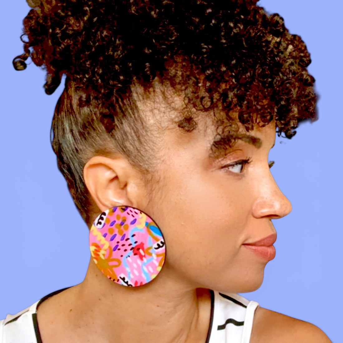 Pink Abstract Jumbo Disc Wood Earrings
