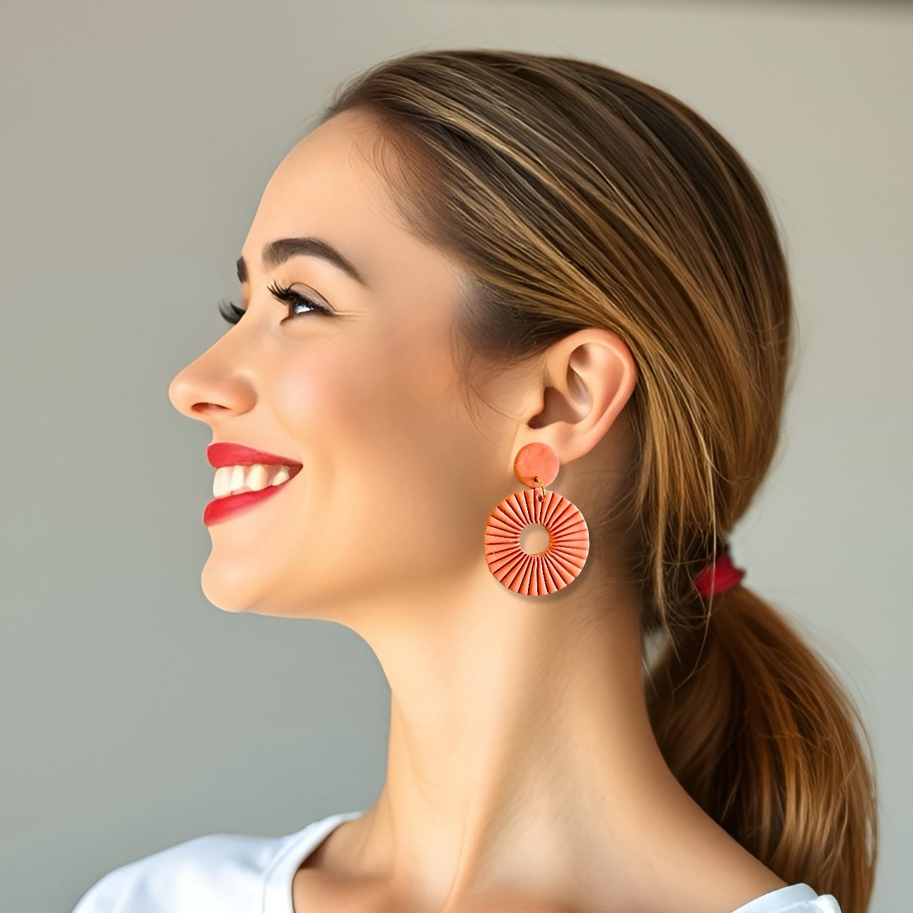 Tangerine Lined Circle Clay Earrings