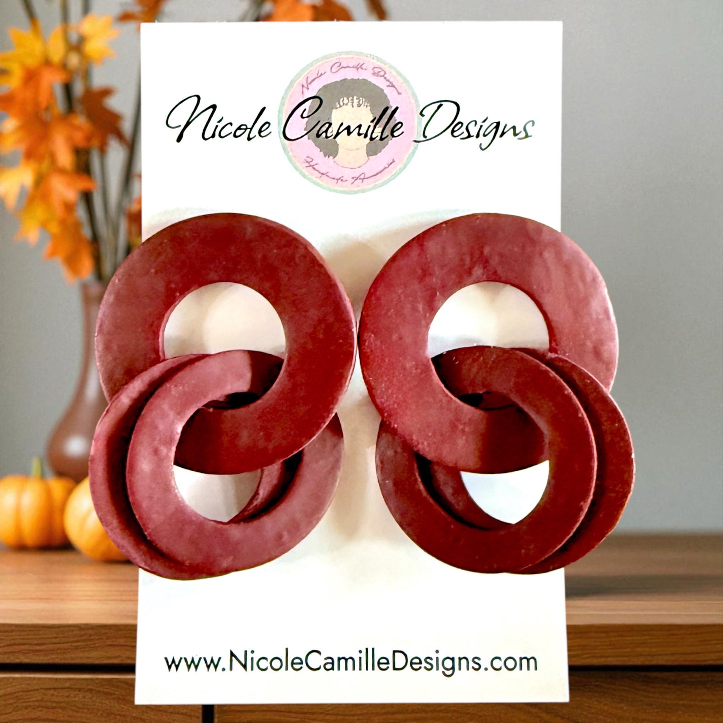 Maroon Round Link Clay Earrings