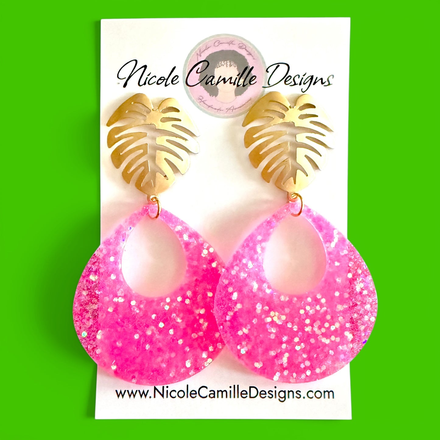 Pink Glitter Teardrop & Monstera Resin Earrings