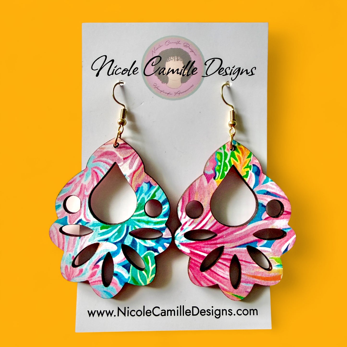 Pink & Aqua Tropical Boho Wood Earrings