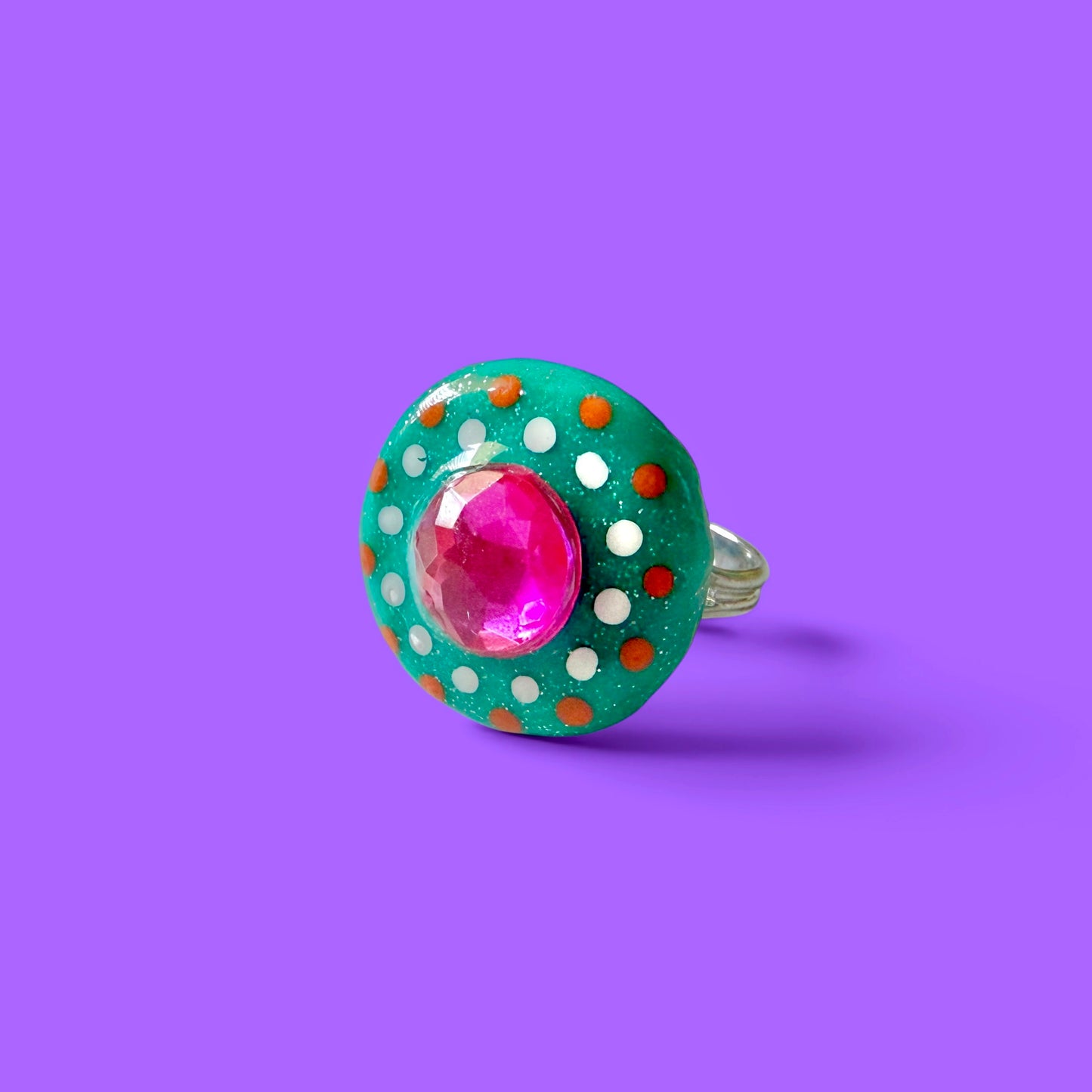 Teal Jeweled Clay Adjustable Ring 2