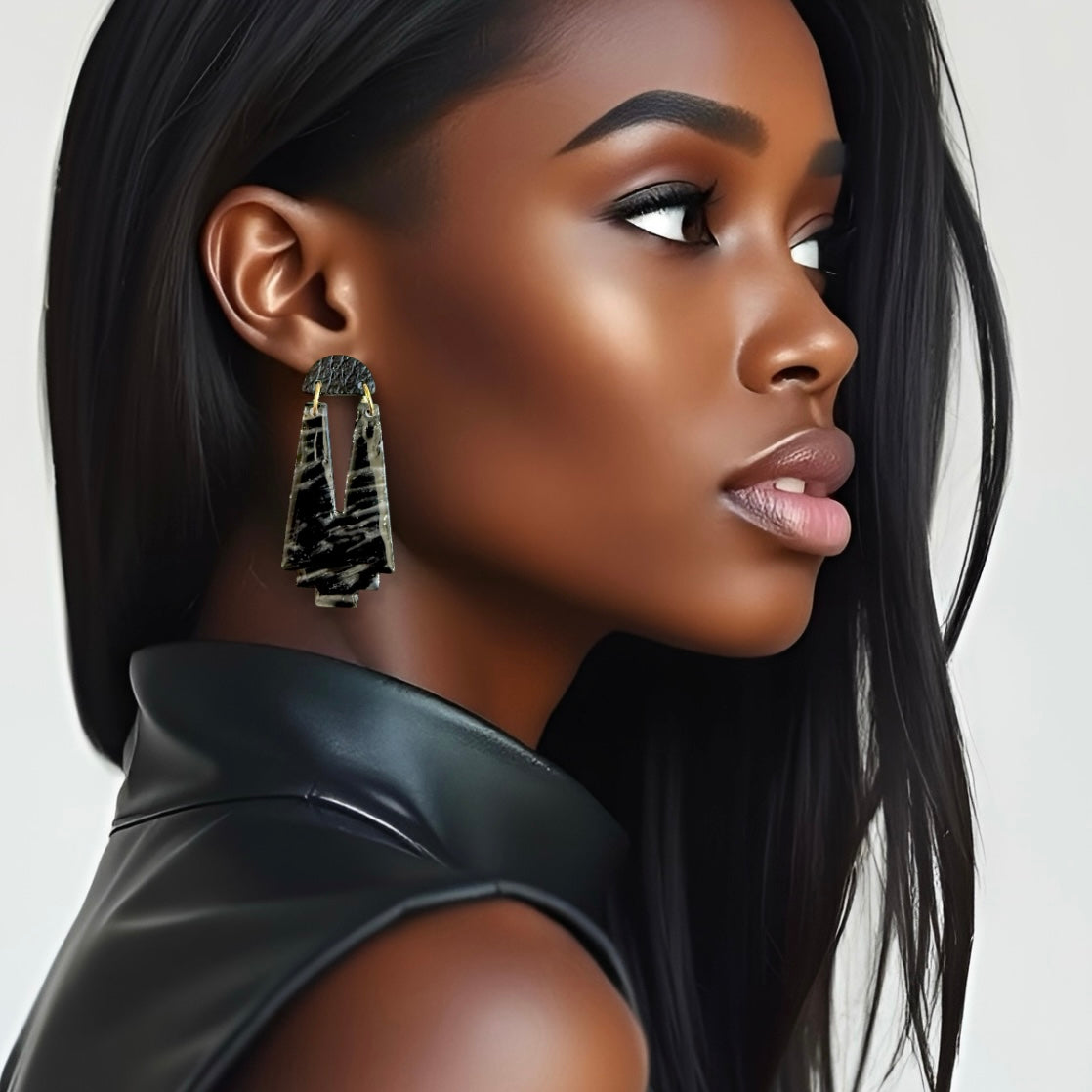 Black Marble & Leather Aztec Clay Earrings