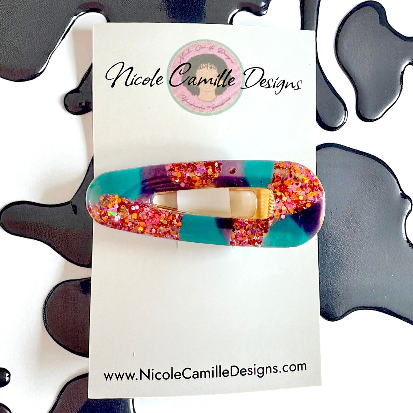 Teal & Navy Mix Glittery Resin Hairclip 2