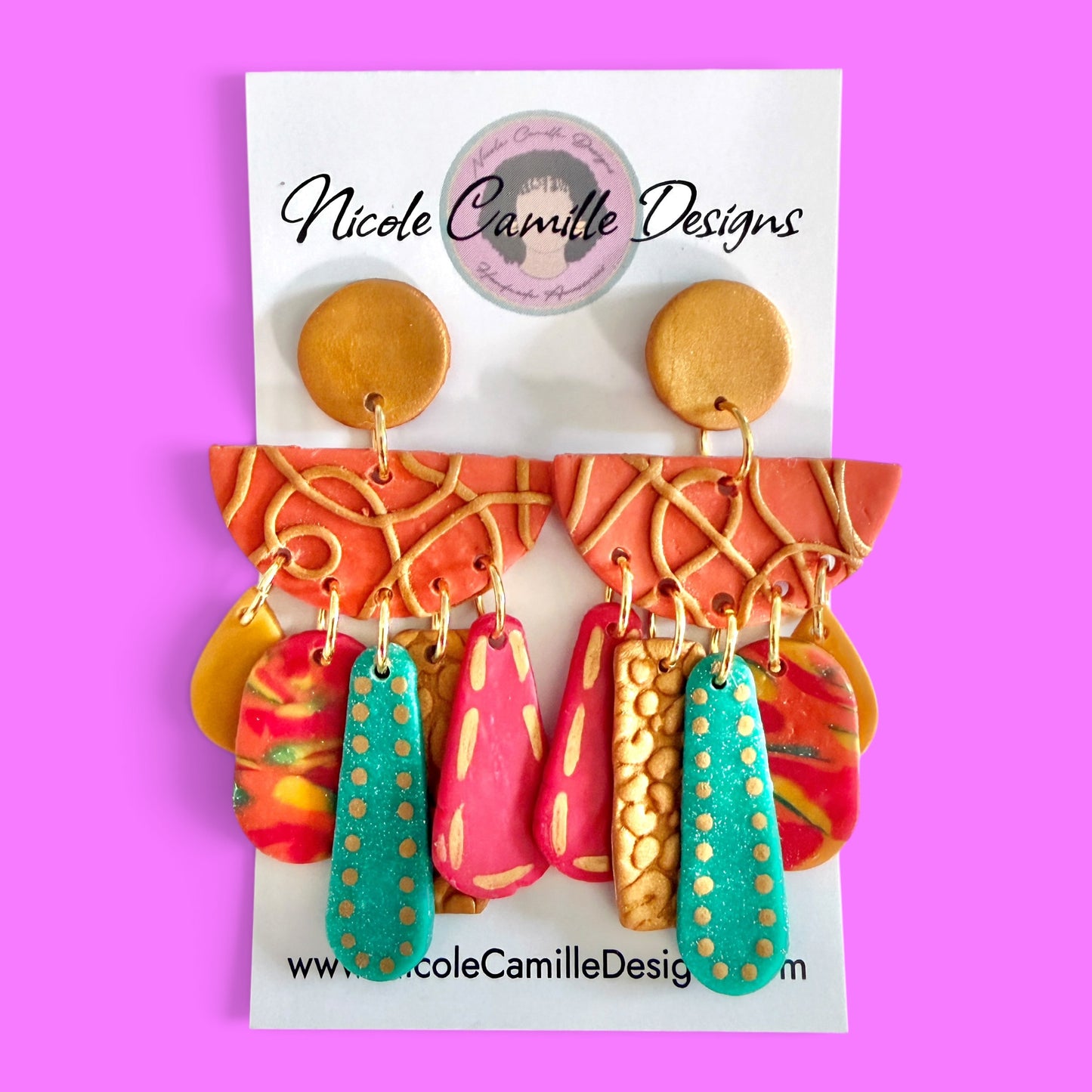 Orange Boho Abstract Dangle Clay Earrings