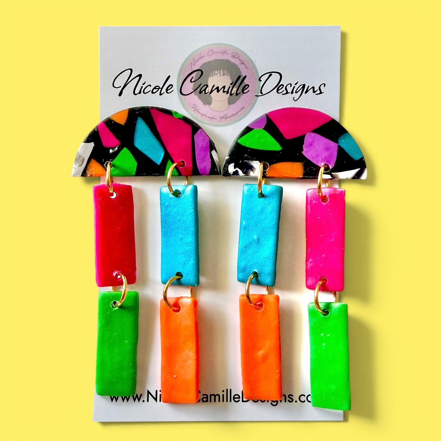Black & Multicolor Abstract Dangle Clay Earrings