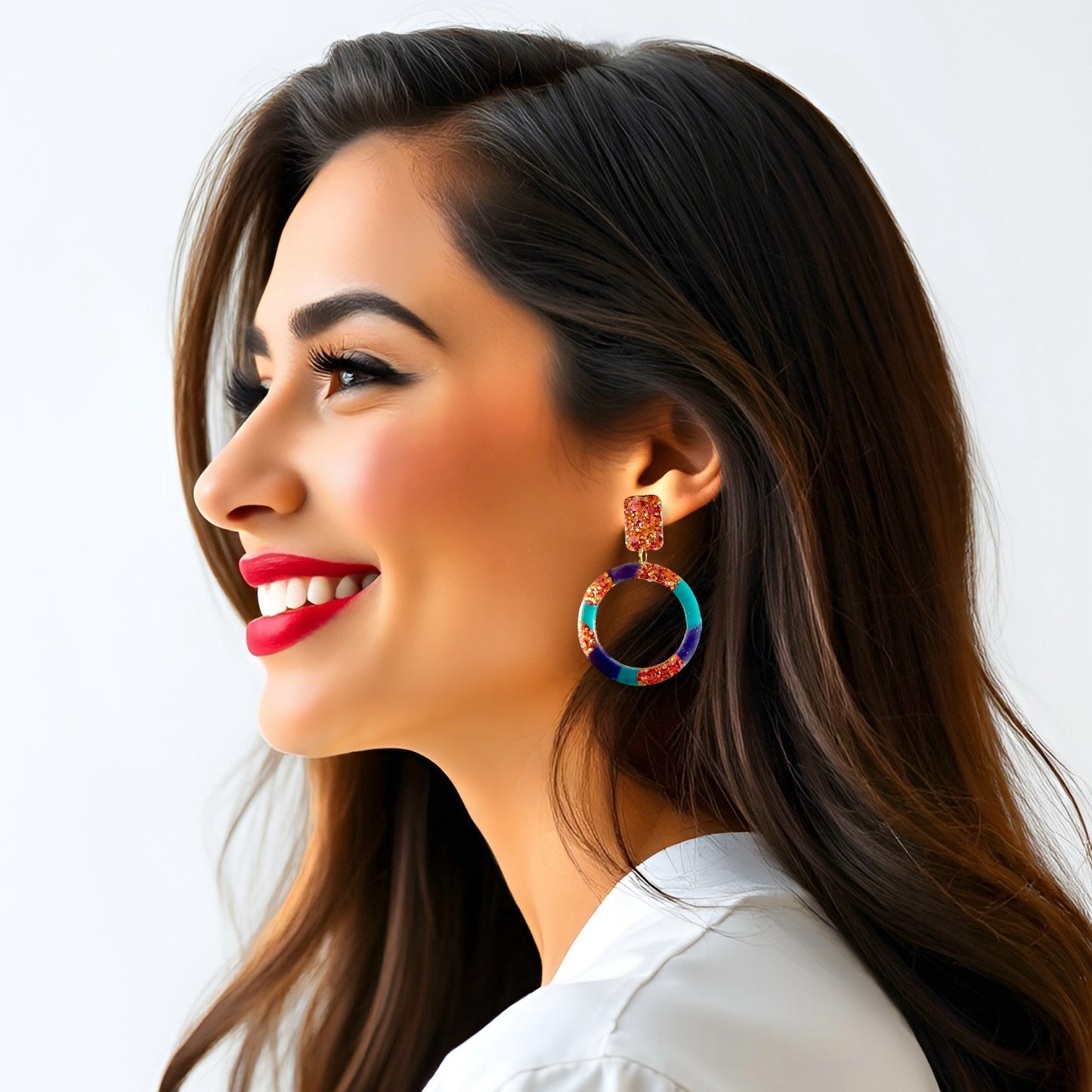 Teal & Navy Mix Glittery Hoops Resin Earrings