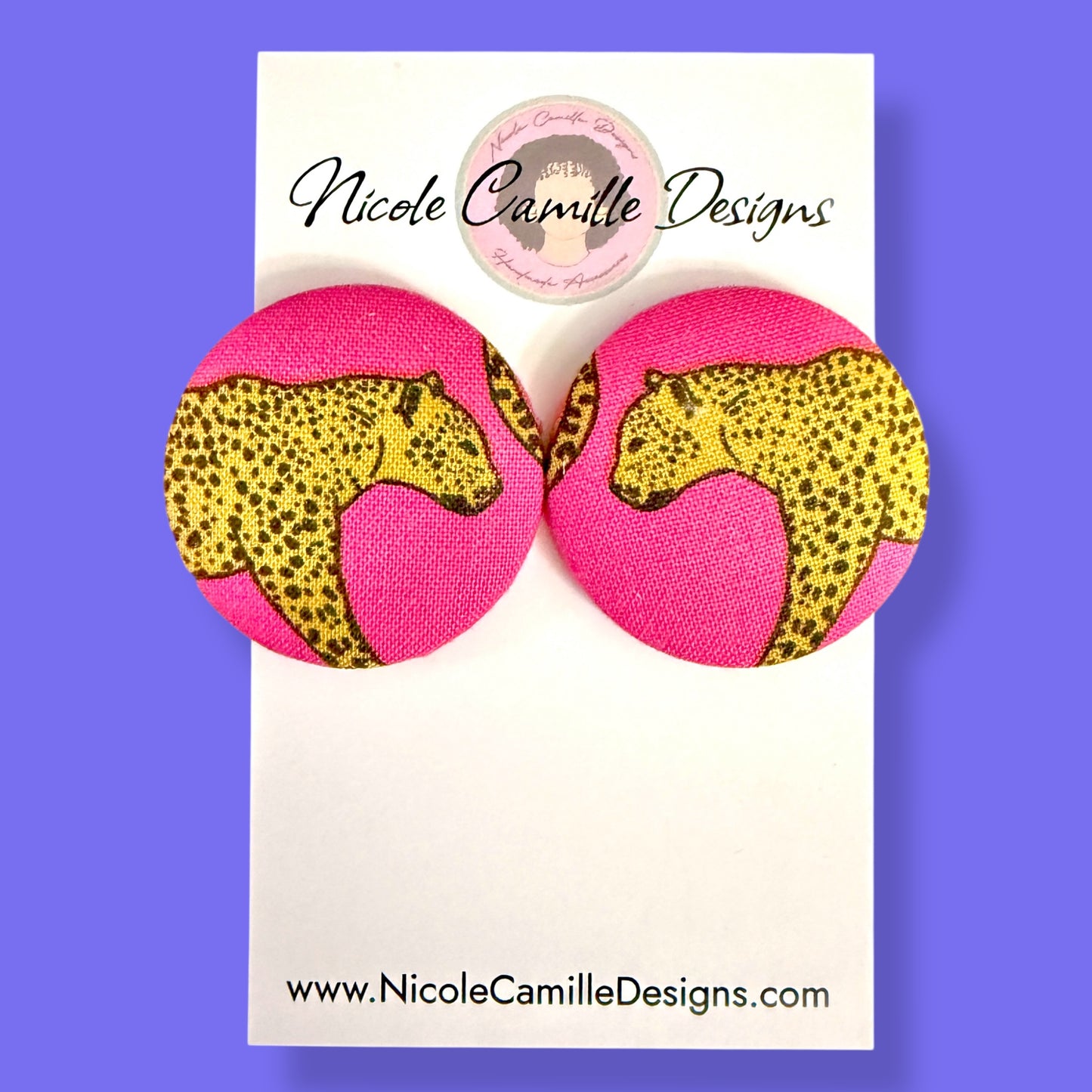 Pink Cheetah Fabric Button Earrings
