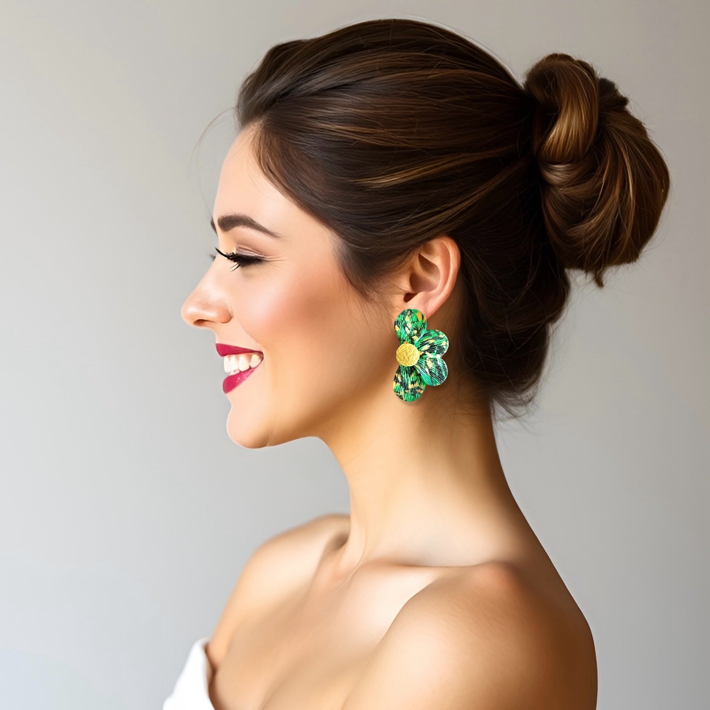Dark Green & Orange Flower Jumbo Clay Clip-on Earrings