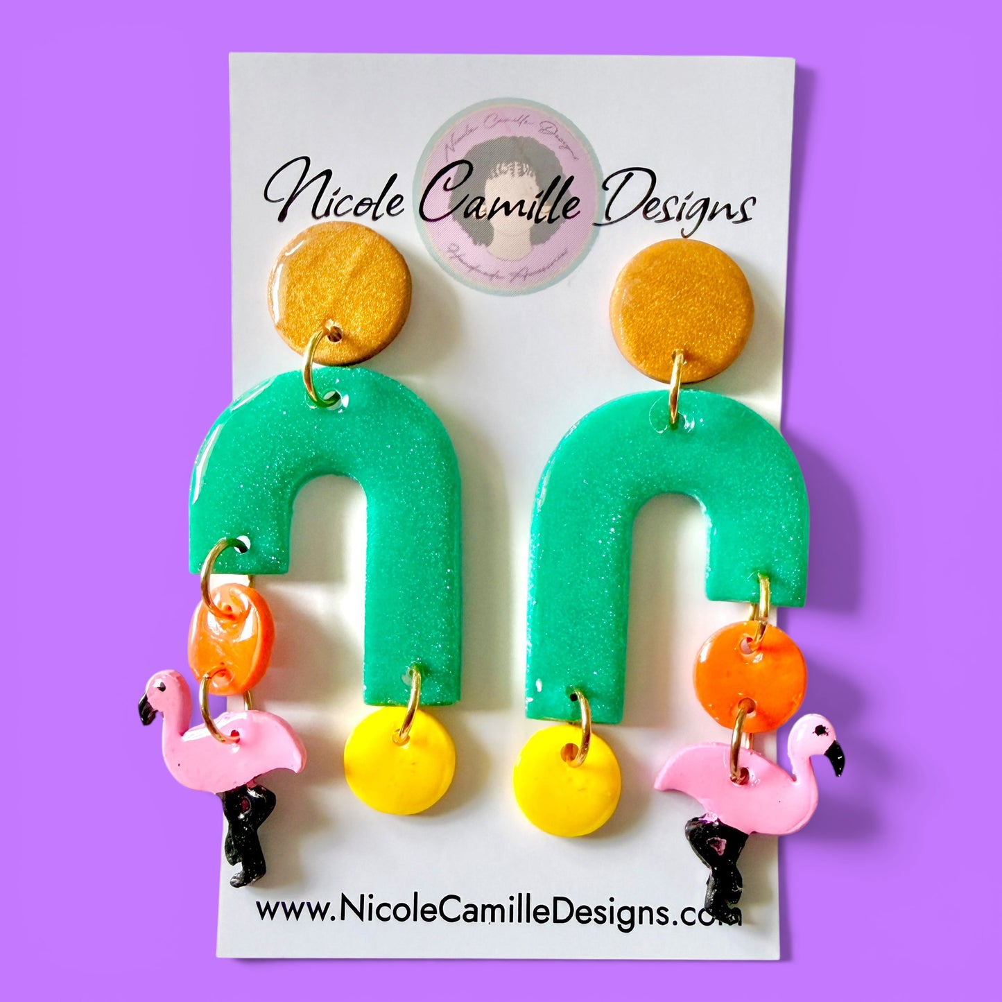 Aqua Flamingo Arch Clay Earrings
