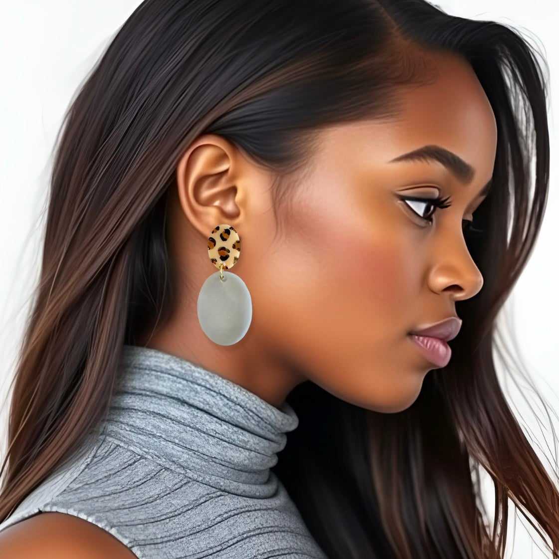 Gray & Leopard Oval Resin Earrings