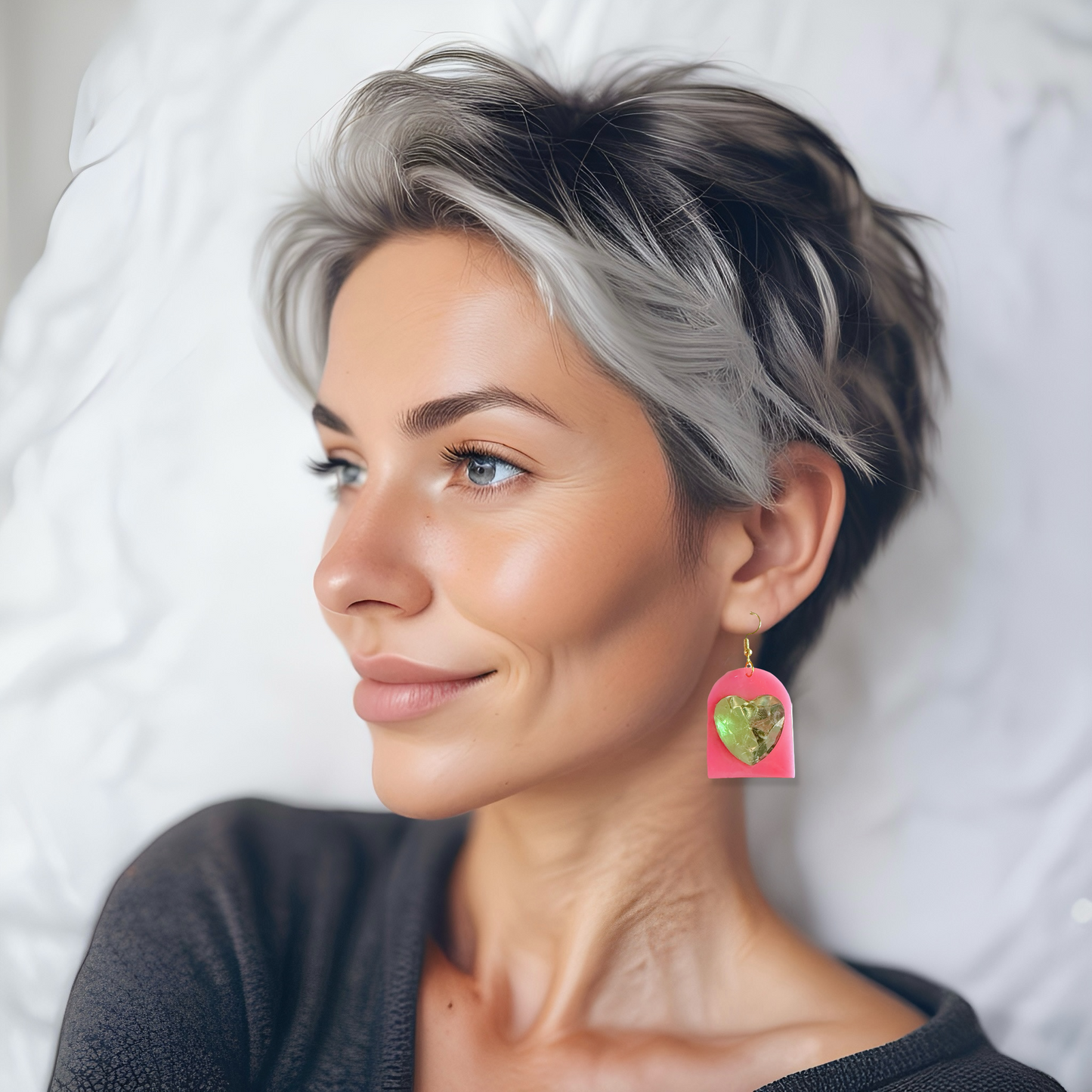 Pink & Green Gem Heart Resin Earrings