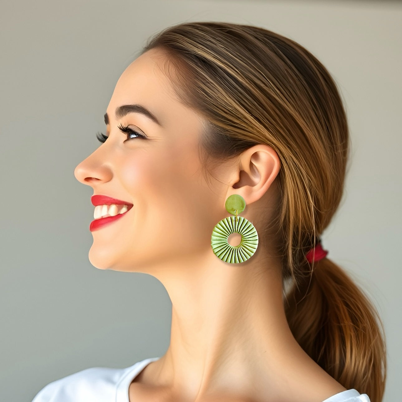 Sage Lined Circle Clay Earrings