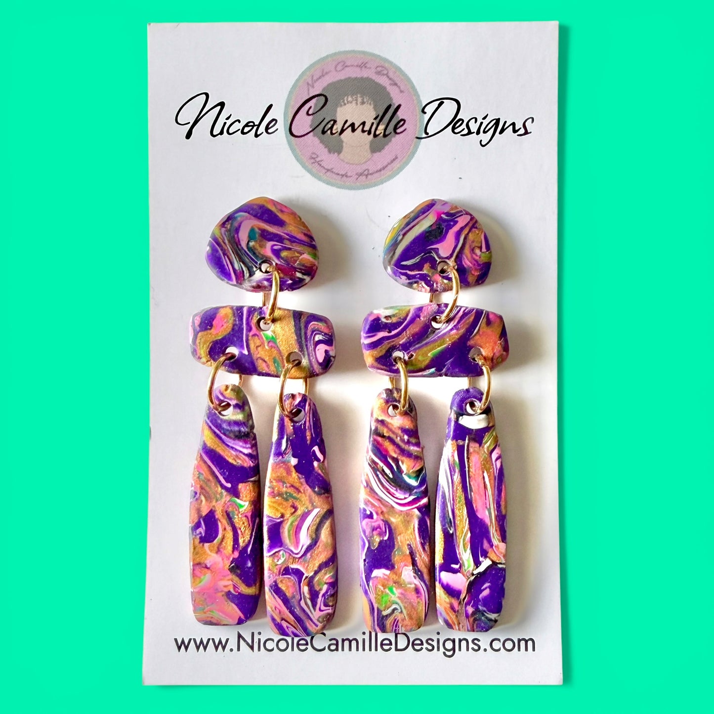 Purple & Pink Swirl Dangle Clay Earrings