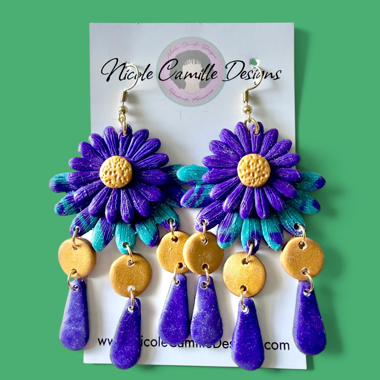 Dark Purple Boho Flower Dangles Clay Earrings