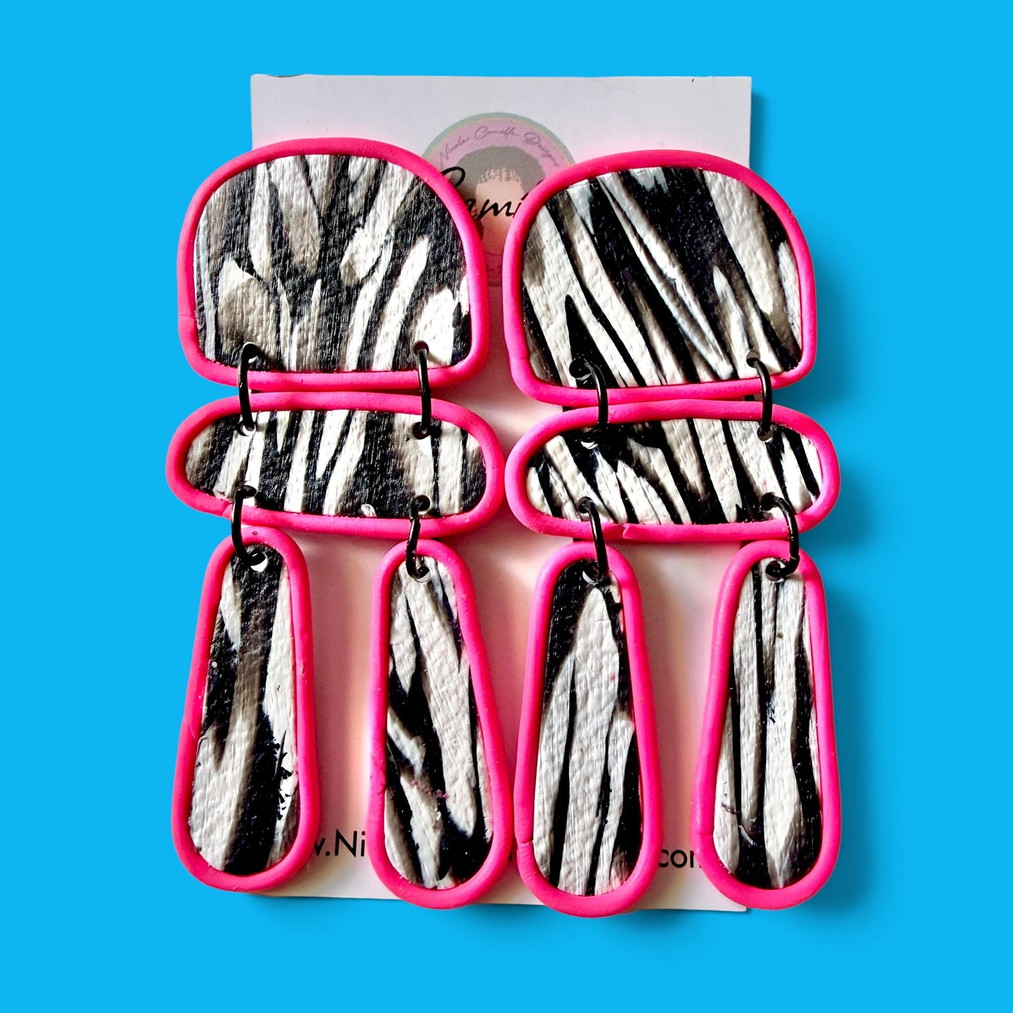 B/W & Hot Pink Abstract Clay Earrings 1