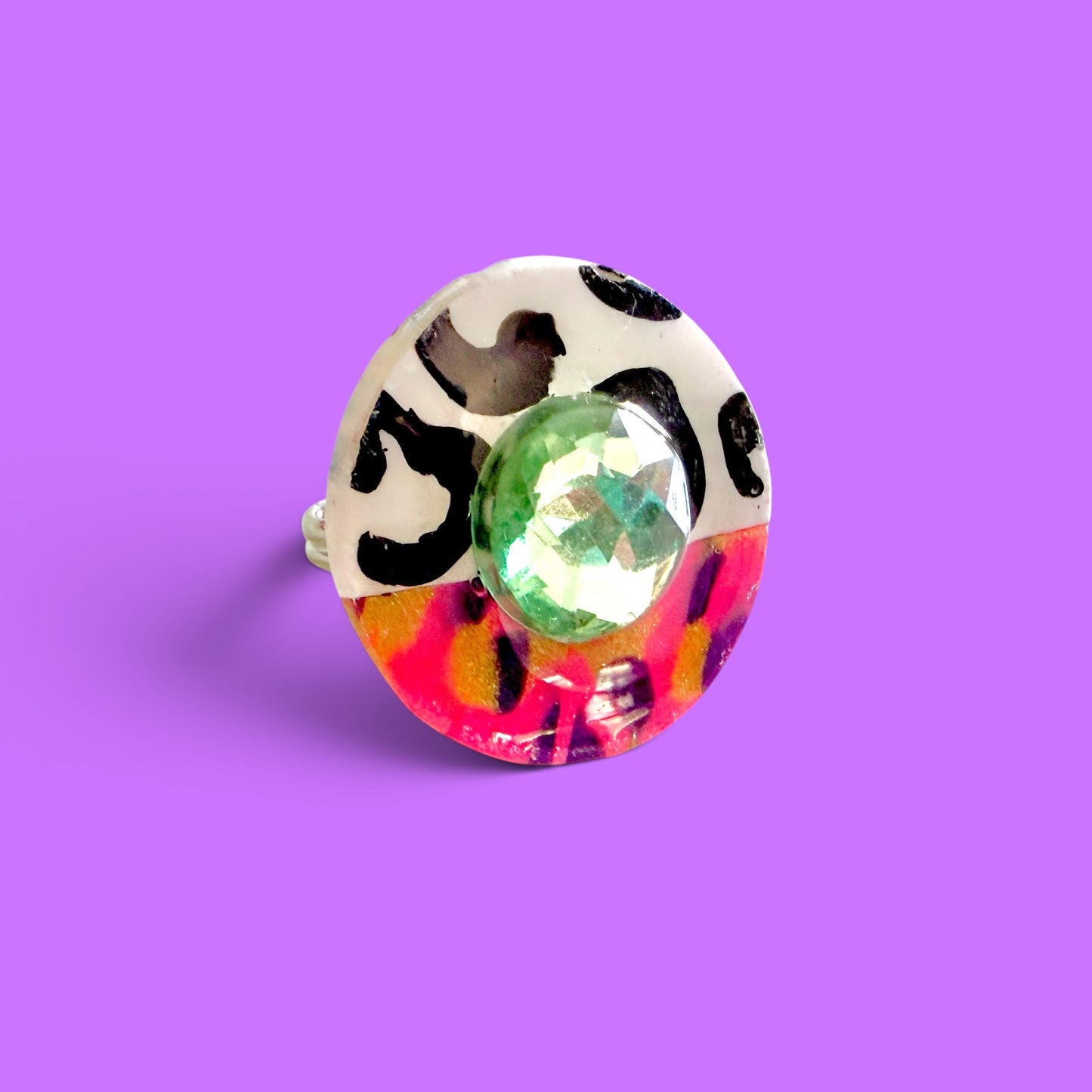 Mixed Print Jeweled Adjustable Clay Ring 3