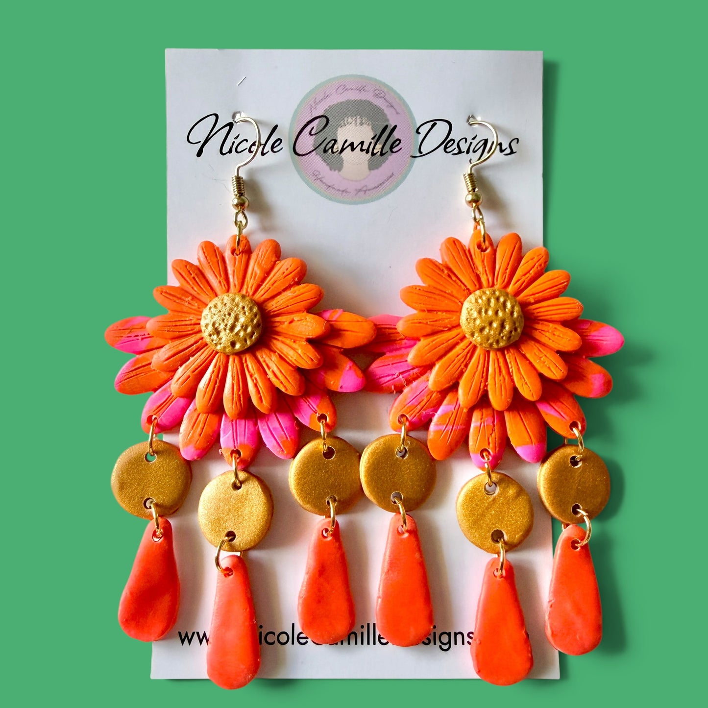 Orange Boho Flower Dangles Clay Earrings
