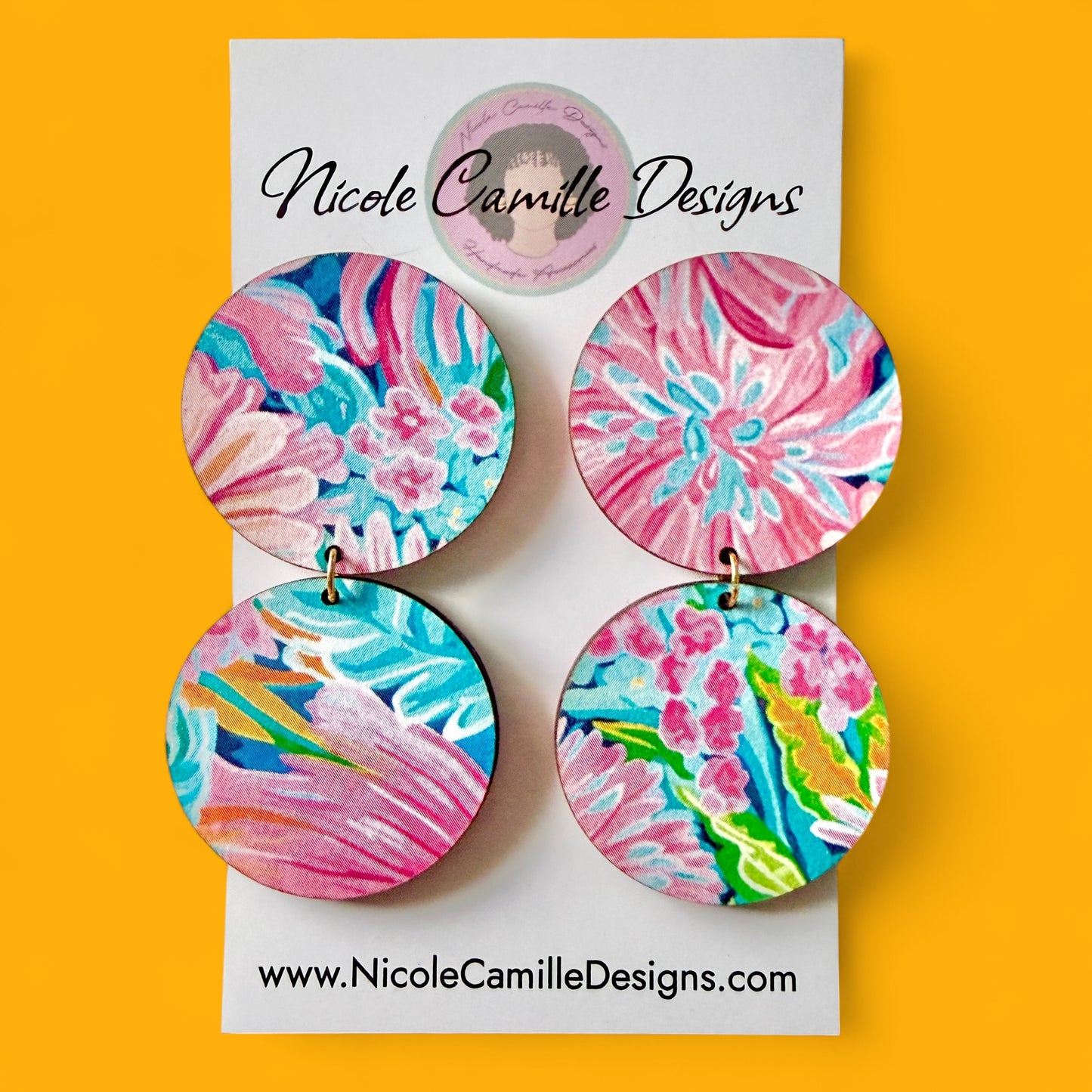 Pink & Aqua Tropical Double Disc Wood Earrings