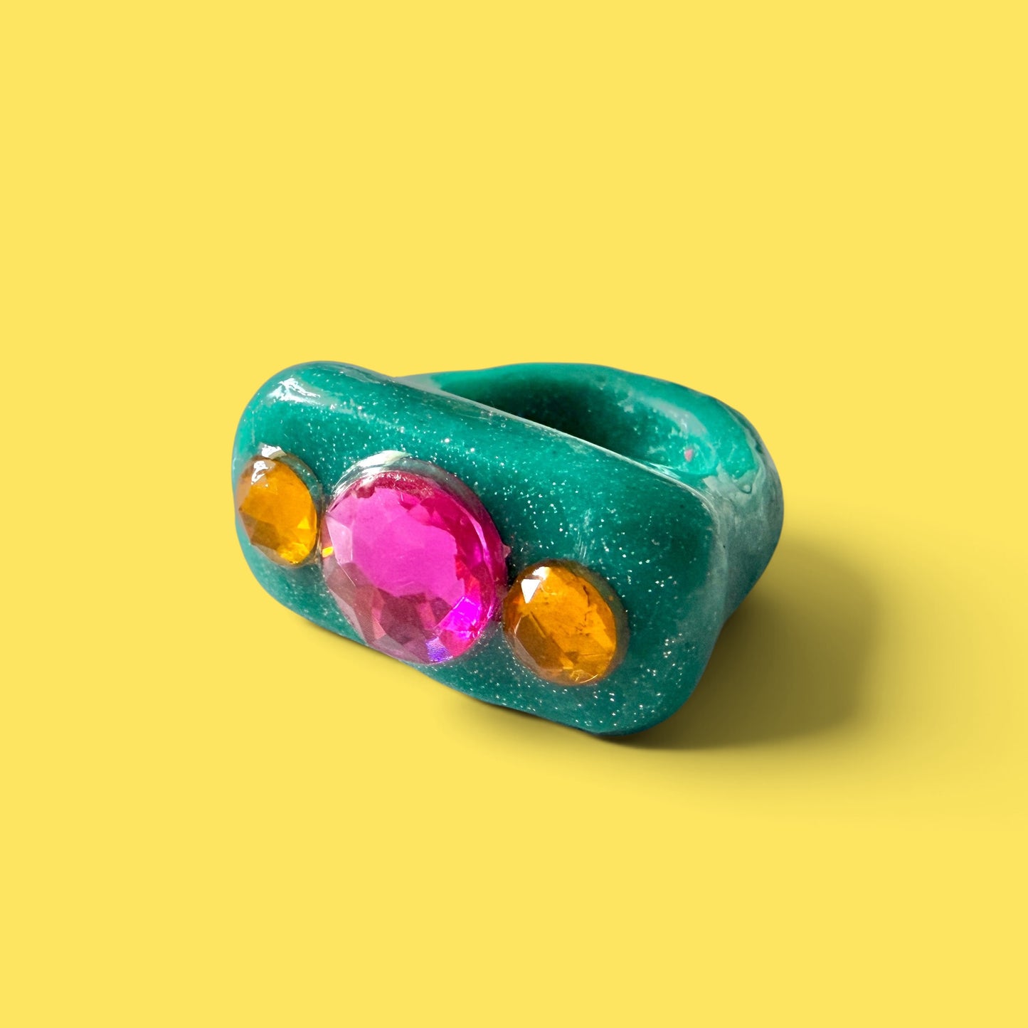 Teal Jeweled Clay Ring