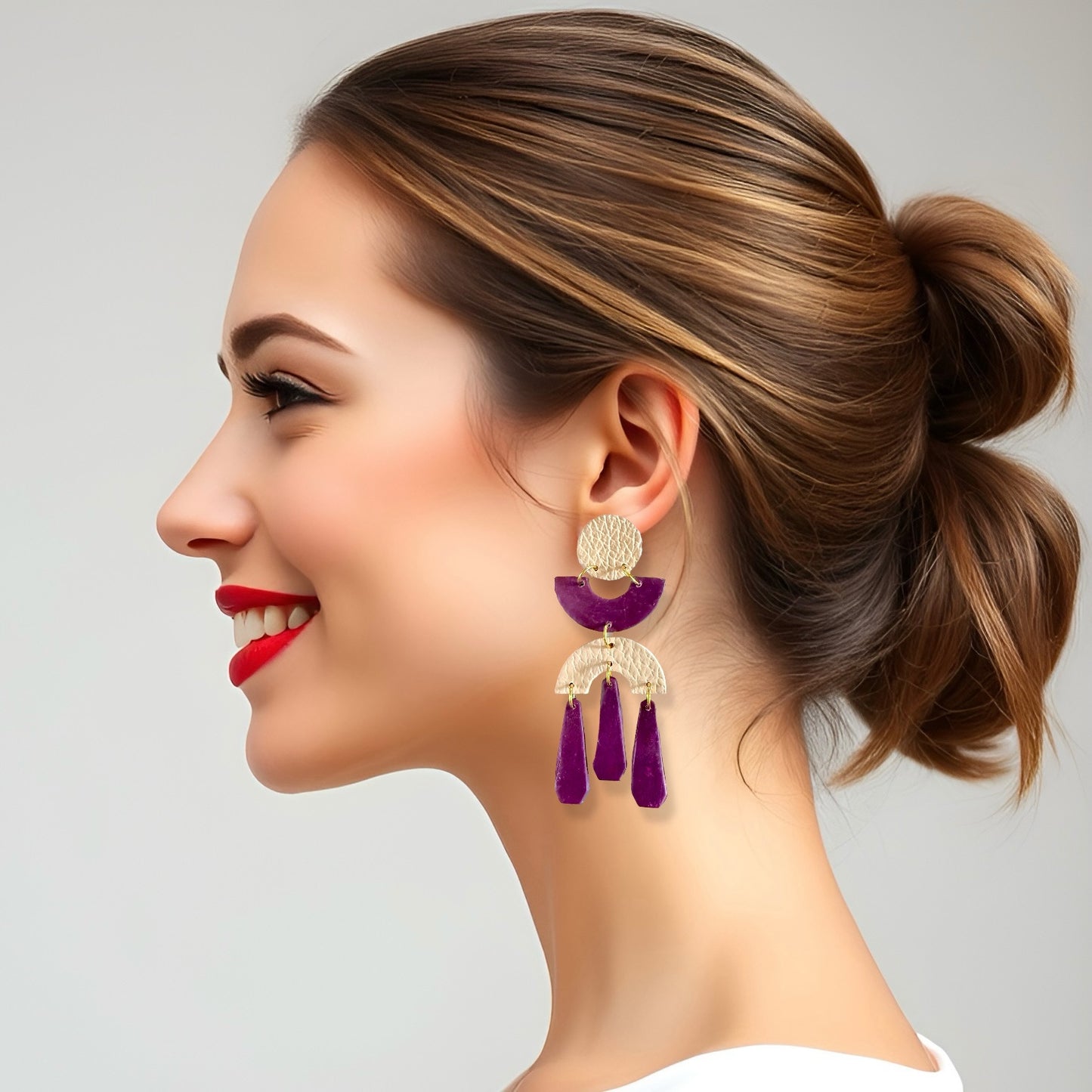 Plum & Beige Geo Dangle Clay Earrings