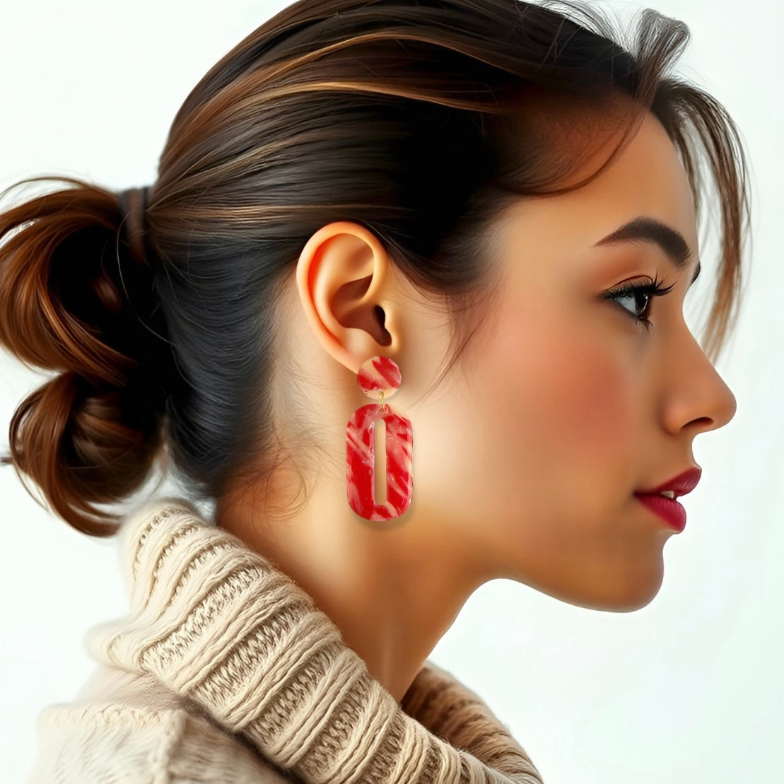 Red Swirl Oval Clay Earrings