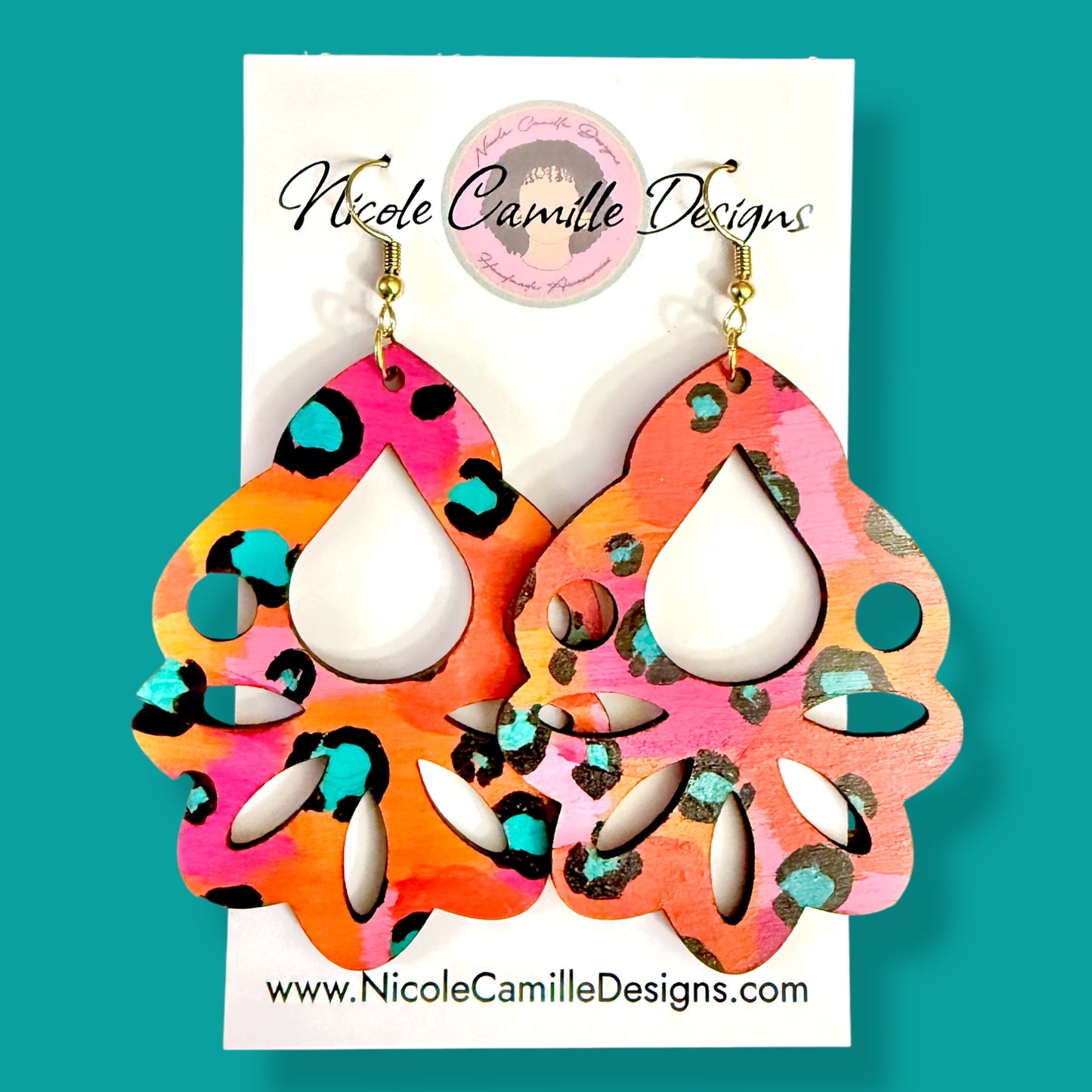 Orange & Fuschia Leopard Boho Wood Earrings
