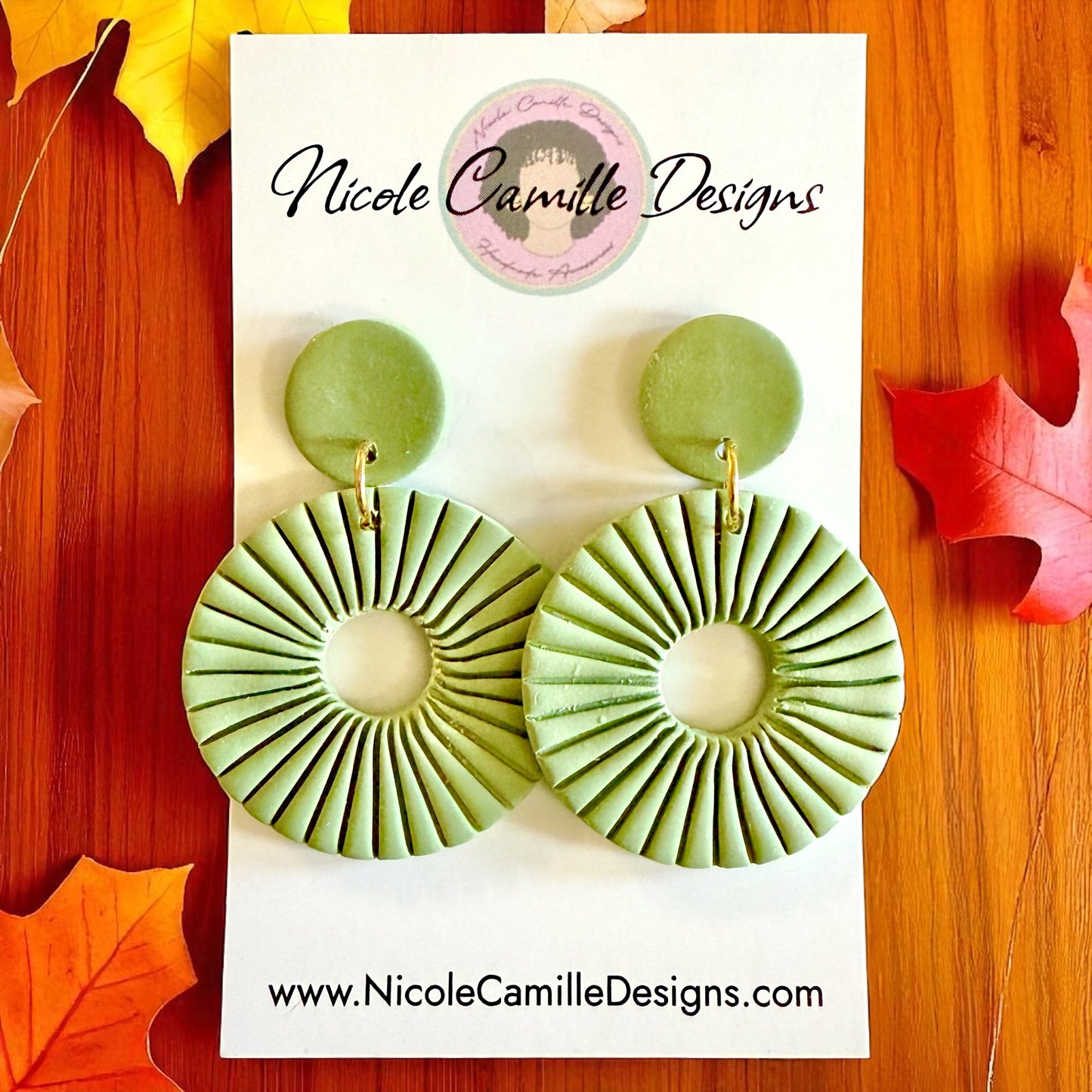Sage Lined Circle Clay Earrings