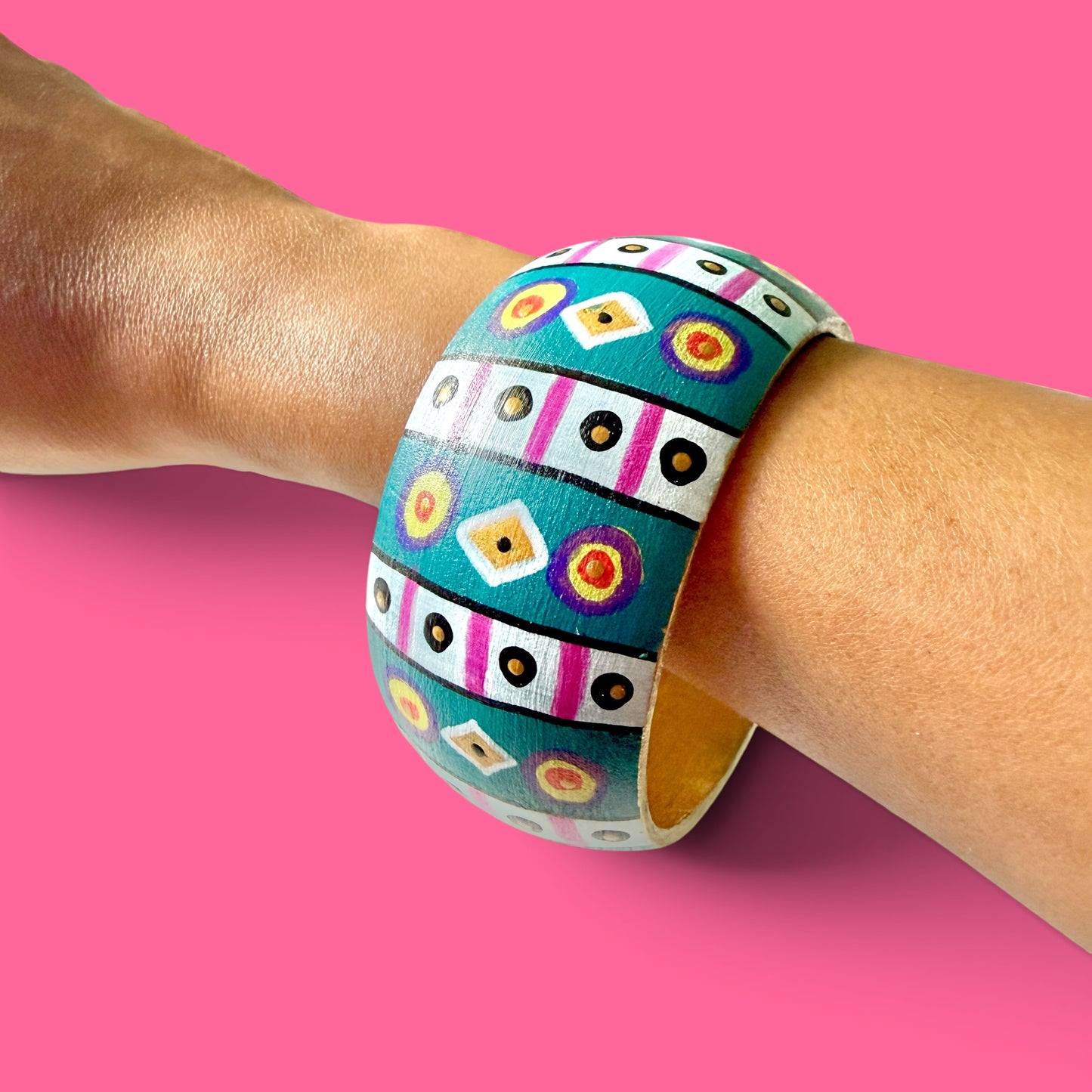 Multicolor Geometric Jumbo Wood Bangle Bracelet