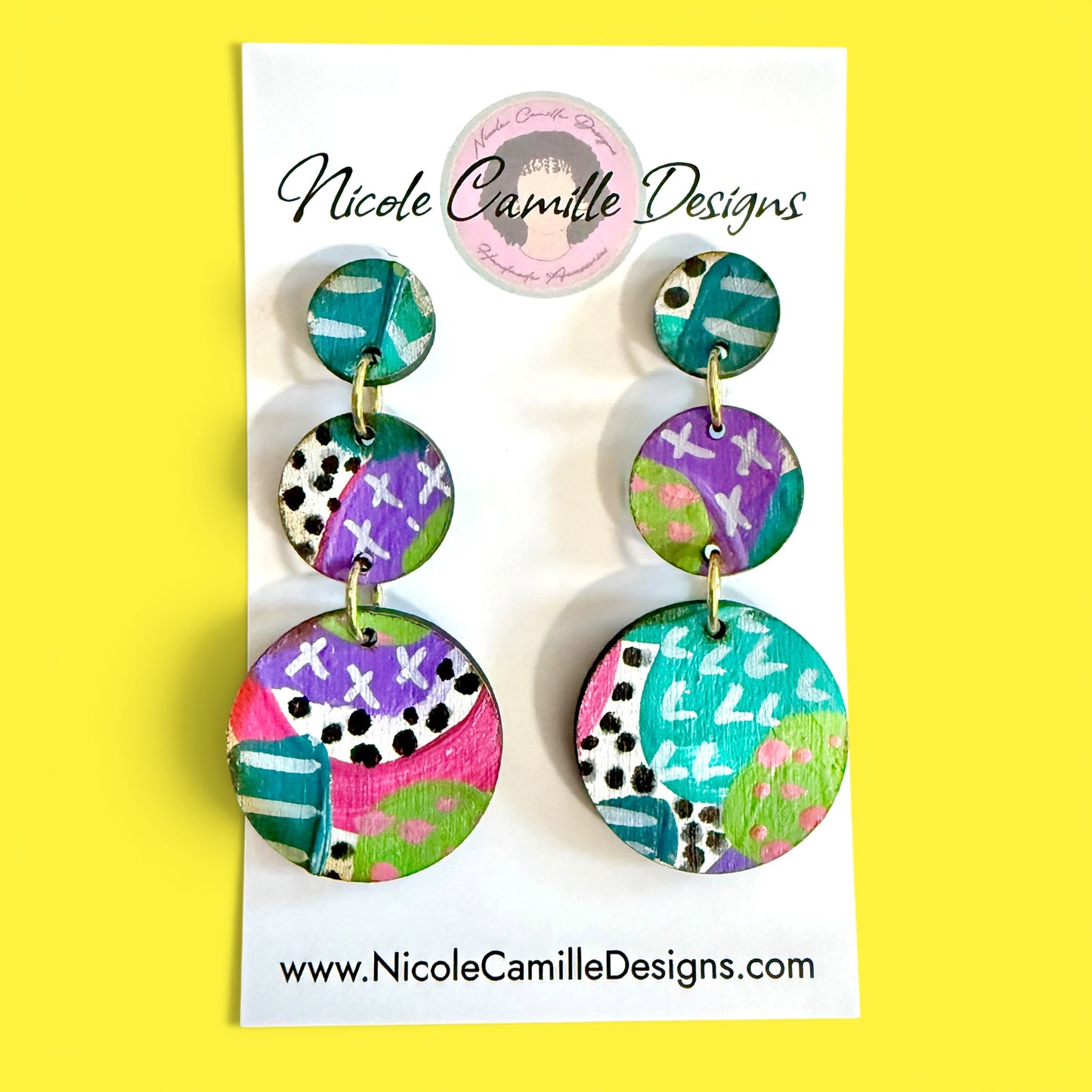 Abstract Print 3-Disc Dangle Wood Earrings
