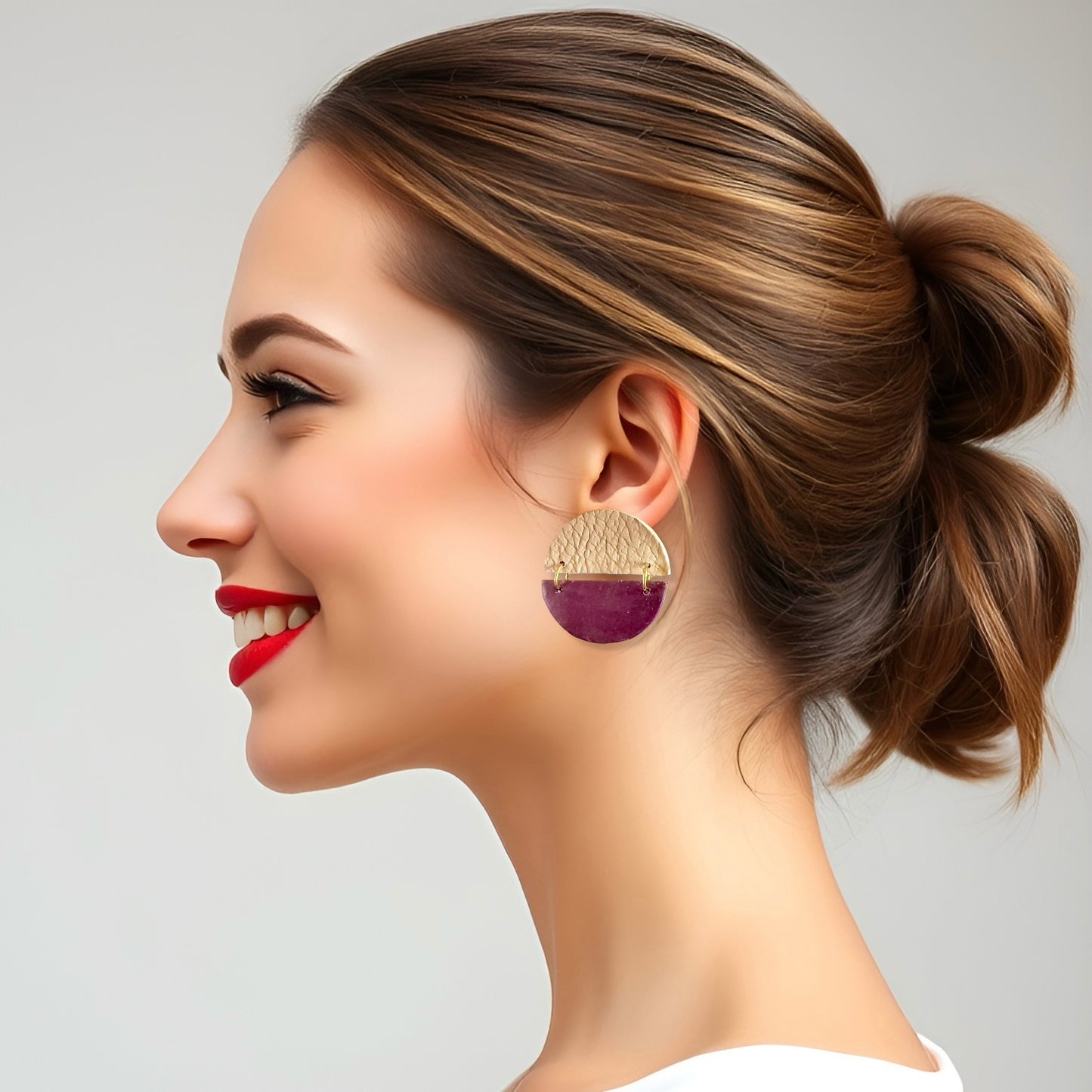 Plum & Beige 2-Part Large Studs Clay Earrings