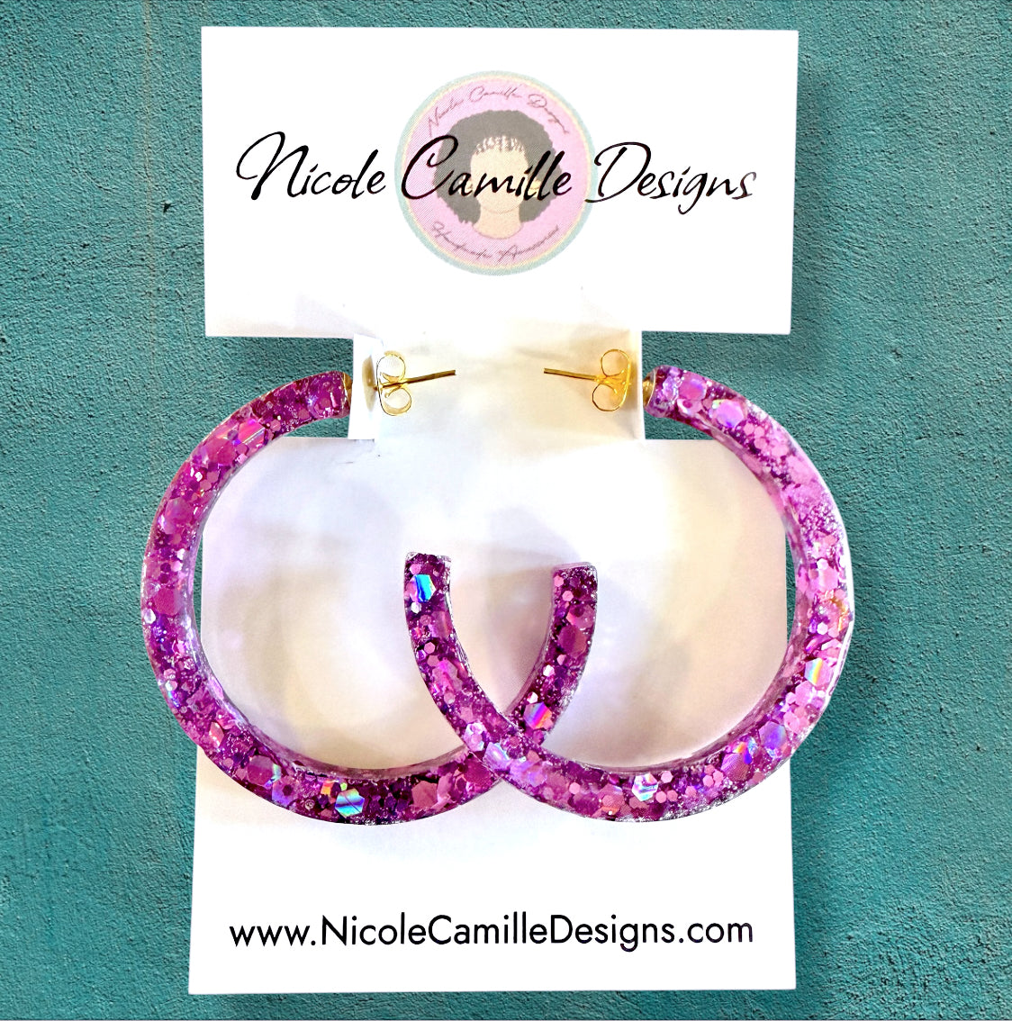 Fuschia Glitter Hoop Resin Earrings