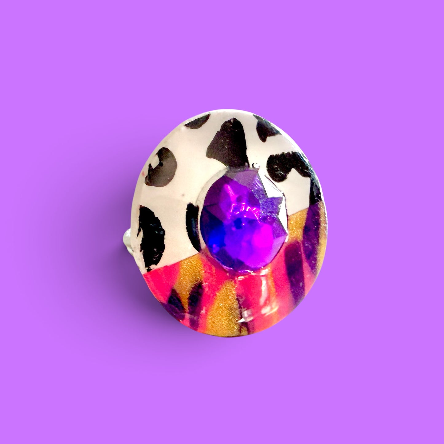 Mixed Print Jeweled Adjustable Clay Ring 4