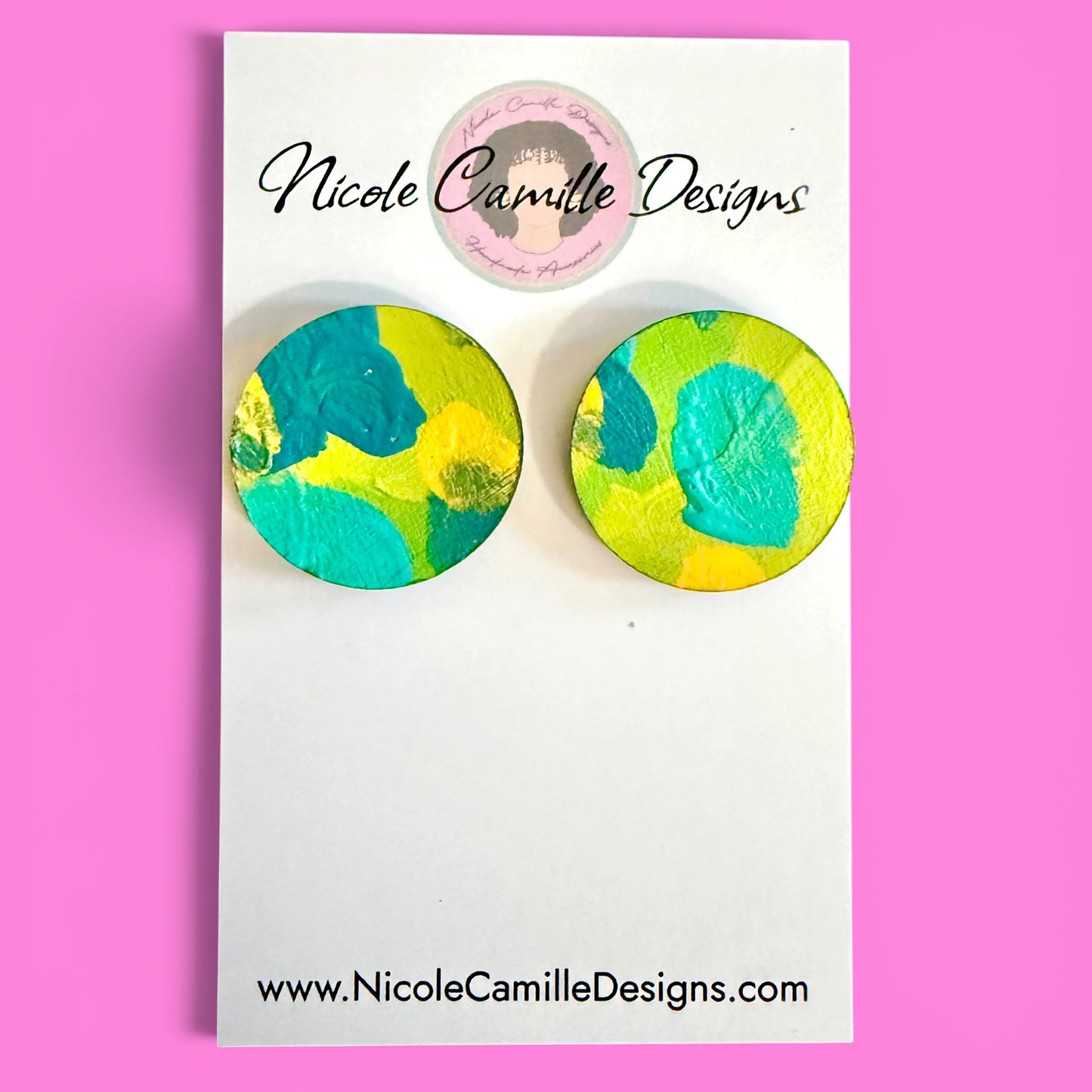 Lime & Turquoise Large Studs Wood Earrings