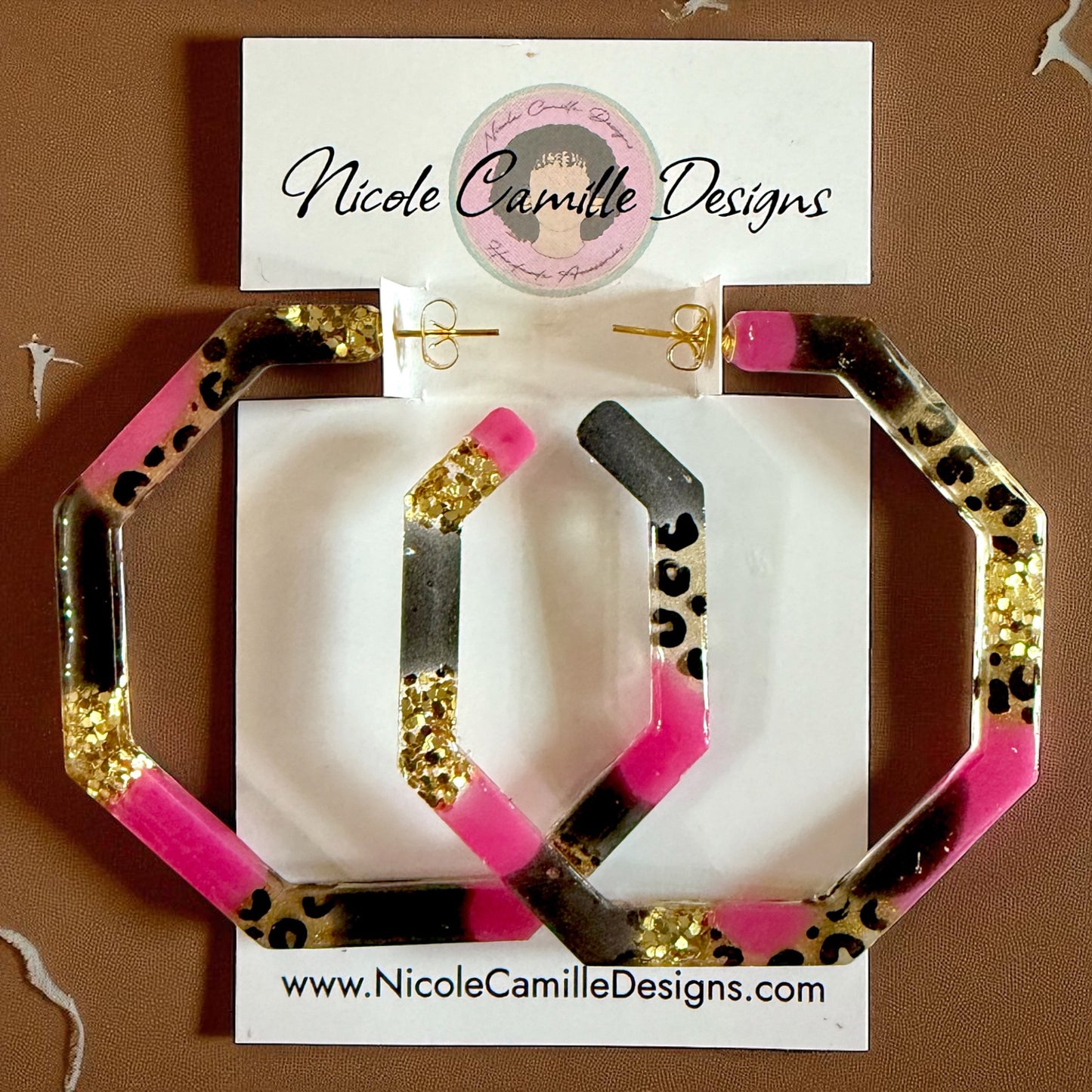 Fuschia & Black Mix Glittery Geo Hoops Resin Earrings