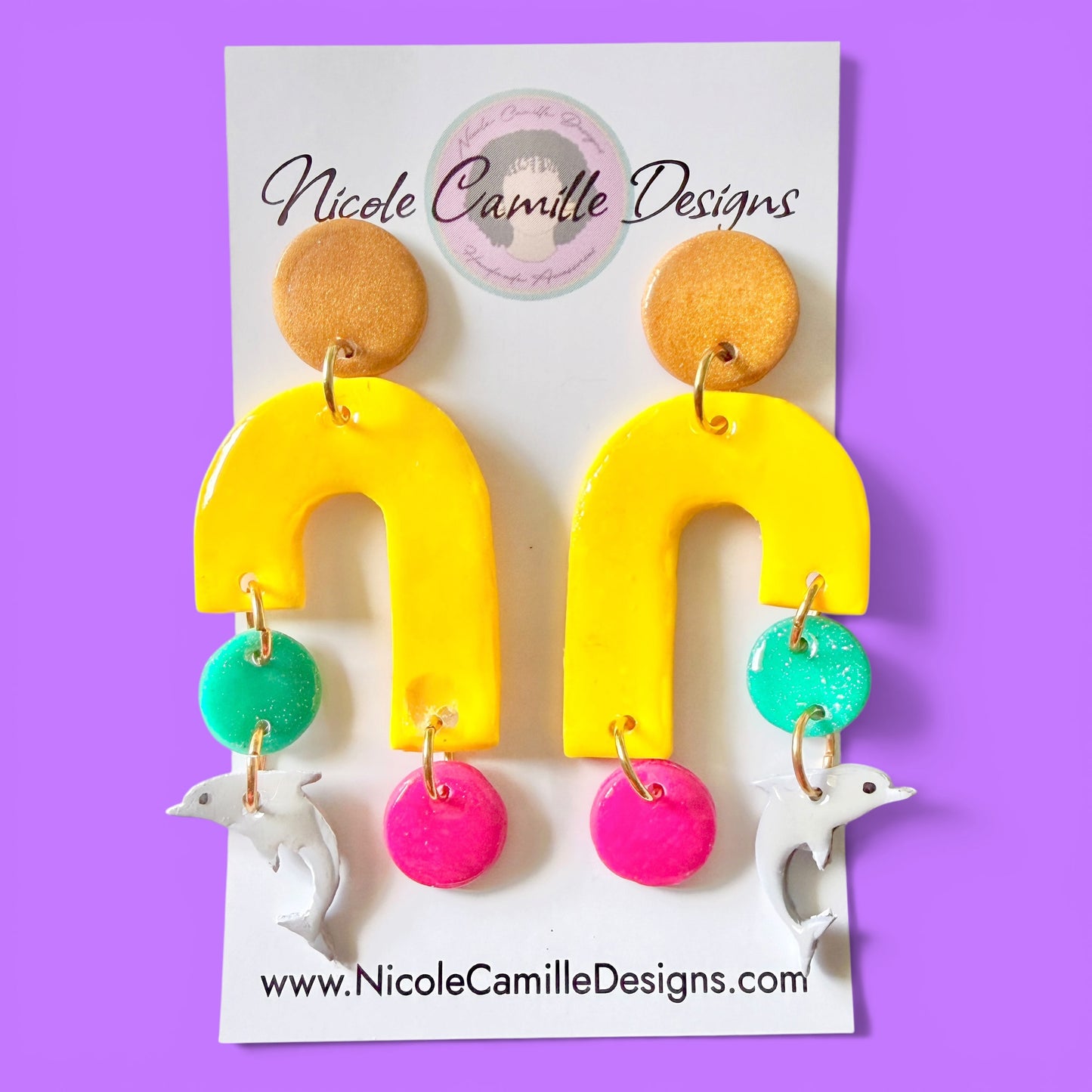 Yellow Dolphin Arch Clay Earrings