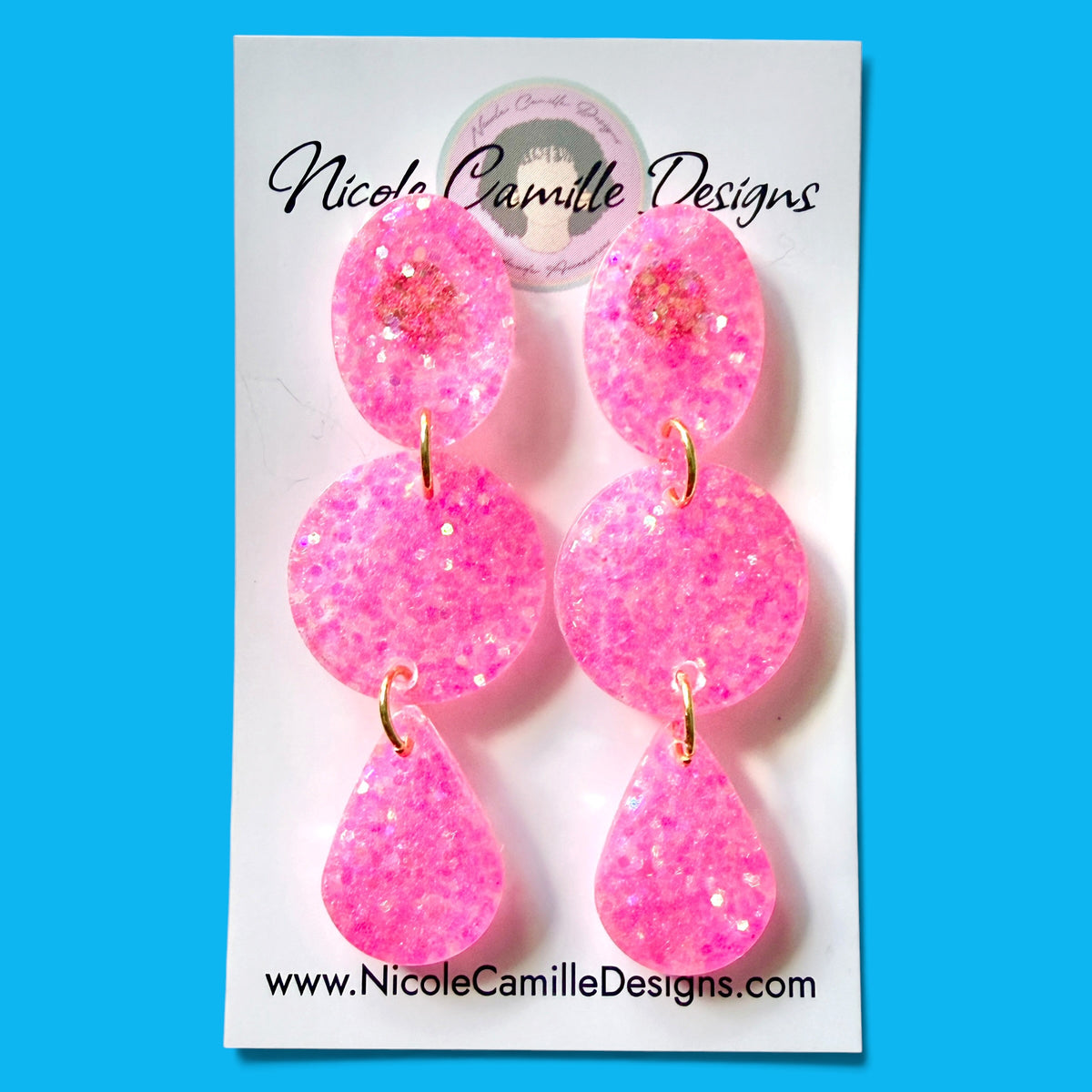 Hot Pink Glitter Geometric Resin Earrings