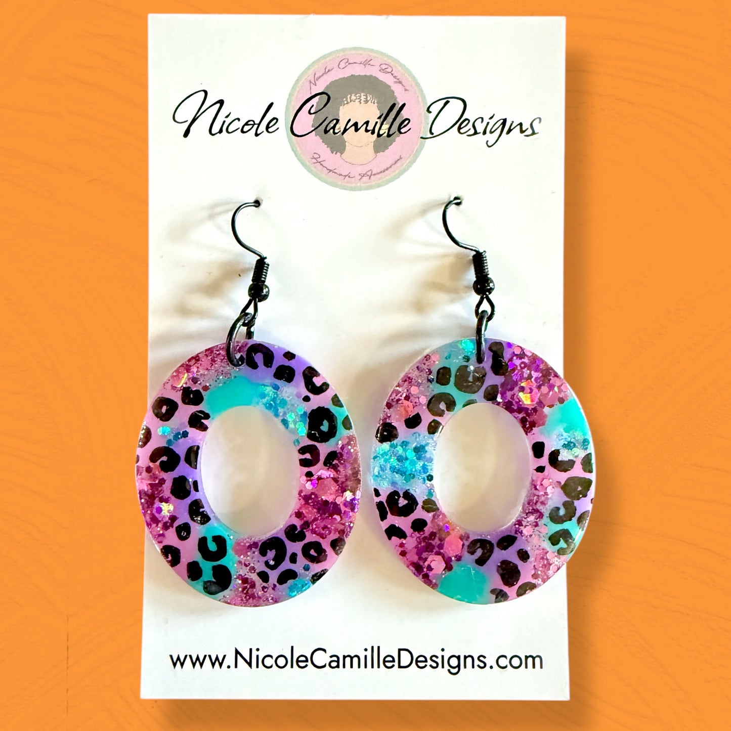 Purple/Teal/Pink Leopard Oval Resin Earrings
