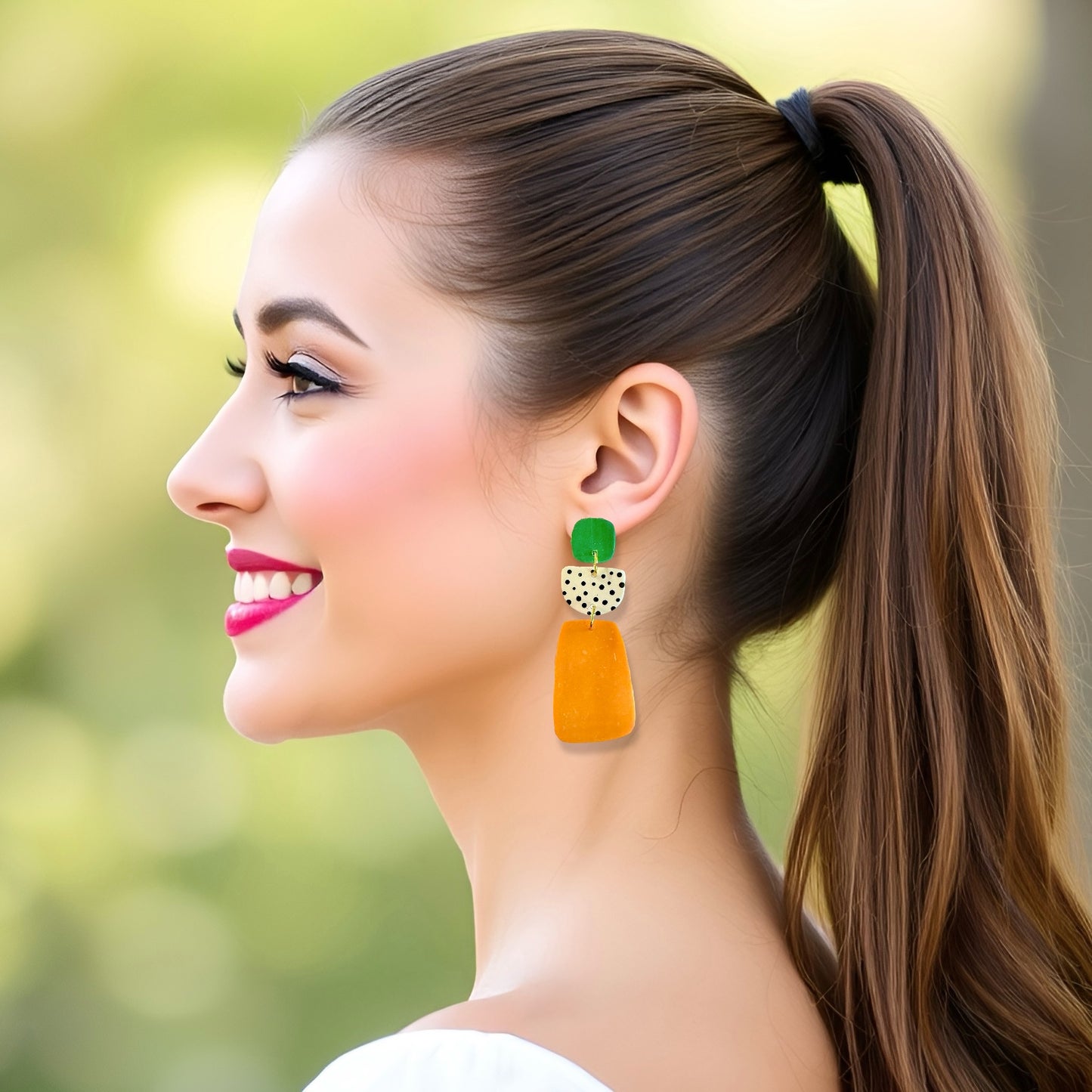 Green & Orange Boho Rectangle Clay Earrings