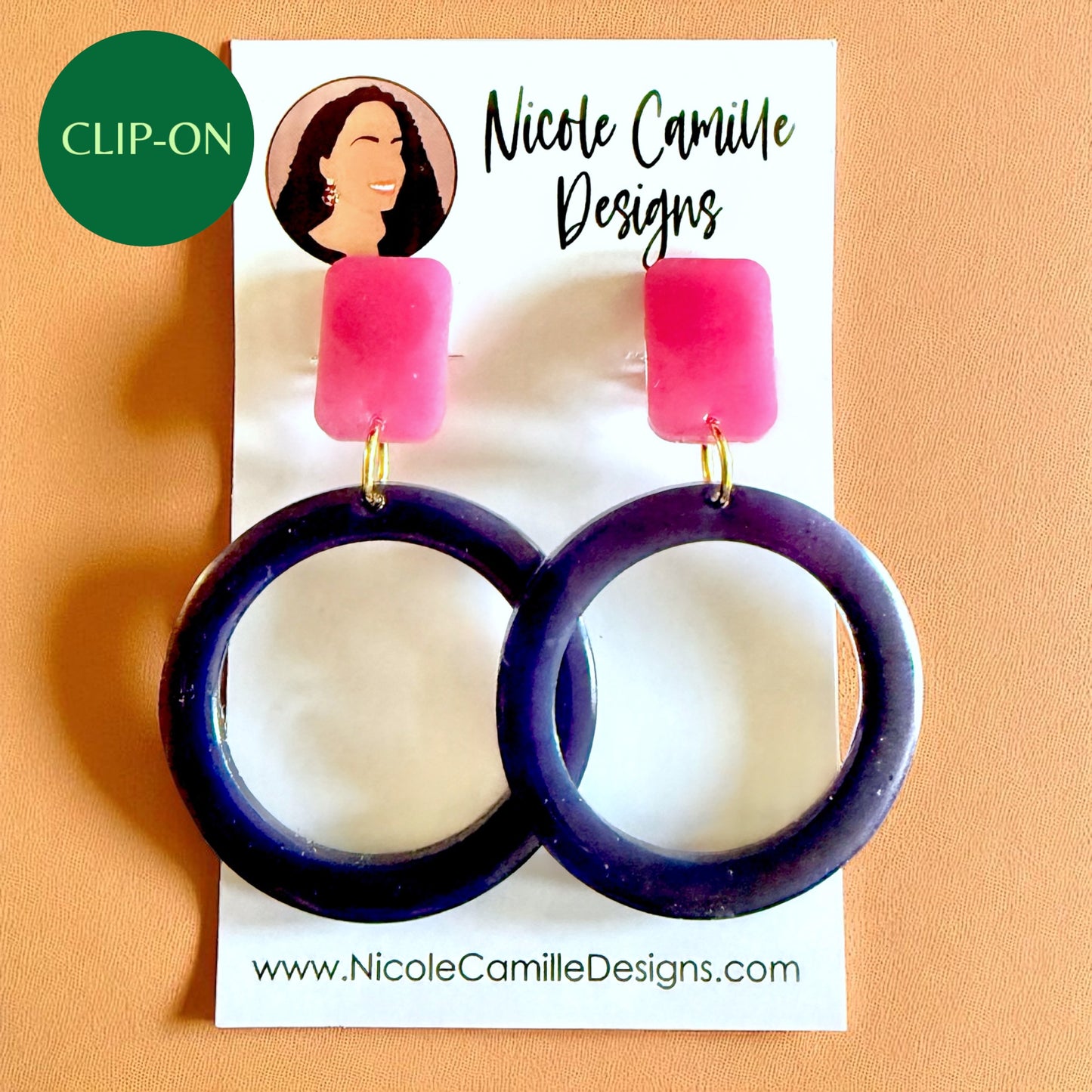 Hot Pink & Navy Hoops Clip-on Resin Earrings