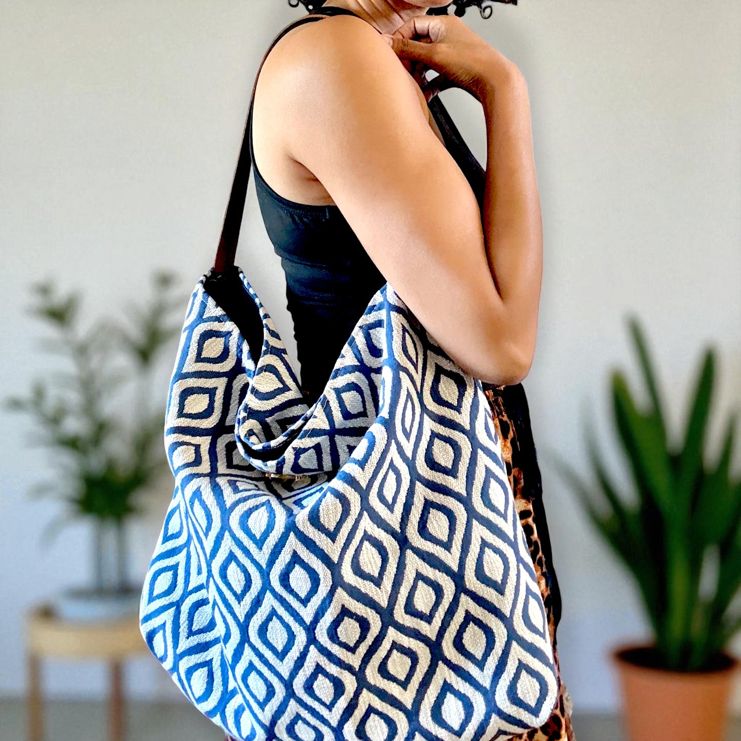 Navy & Taupe Print Hobo Bag