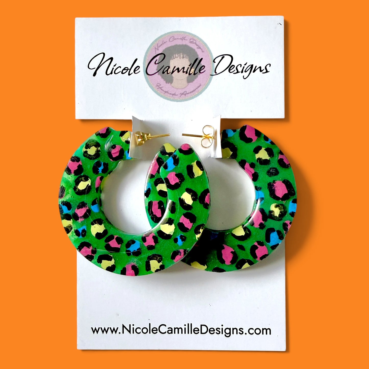 Green Leopard Print Wide Hoop Resin Earrings