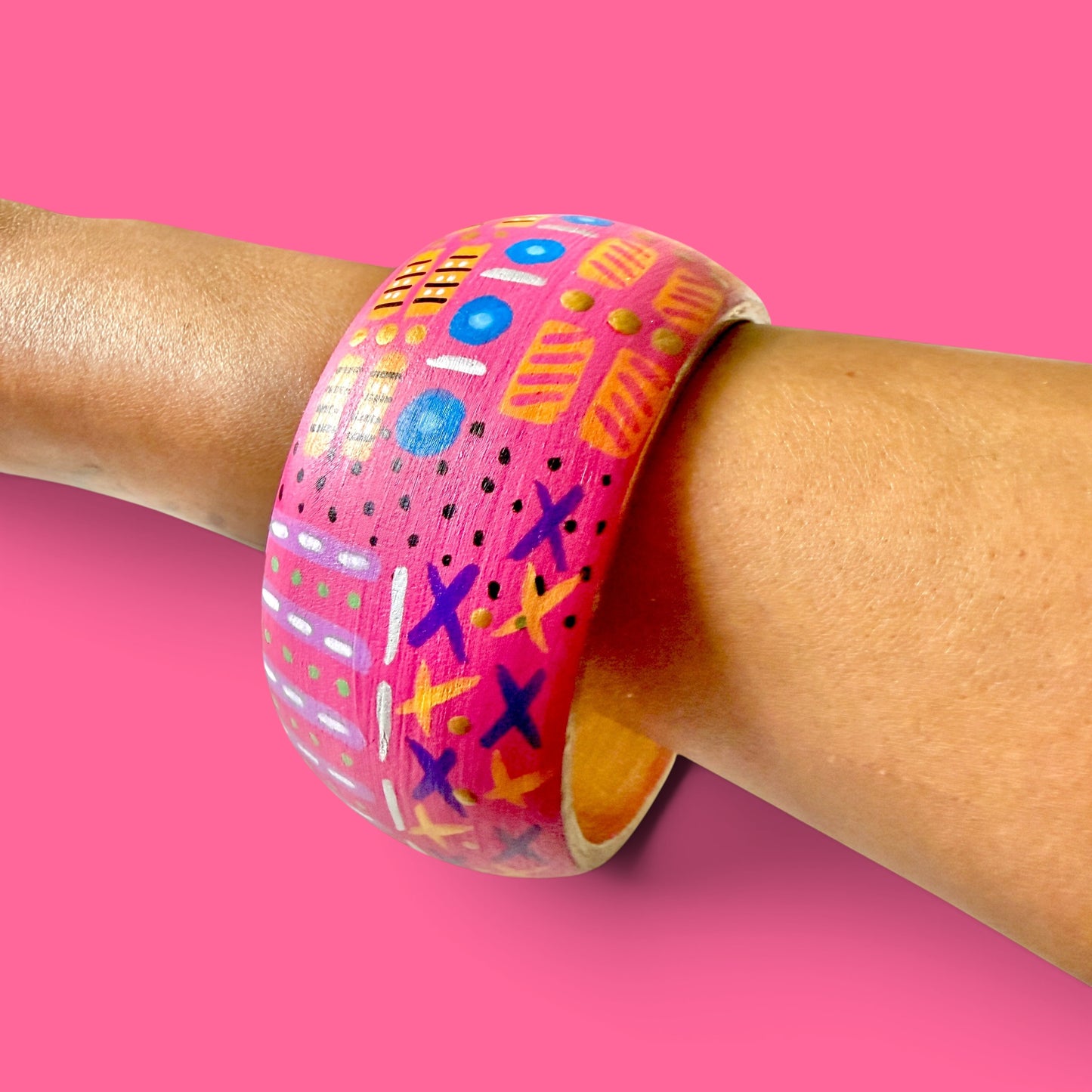 Pink Abstract Jumbo Wood Bangle Bracelet