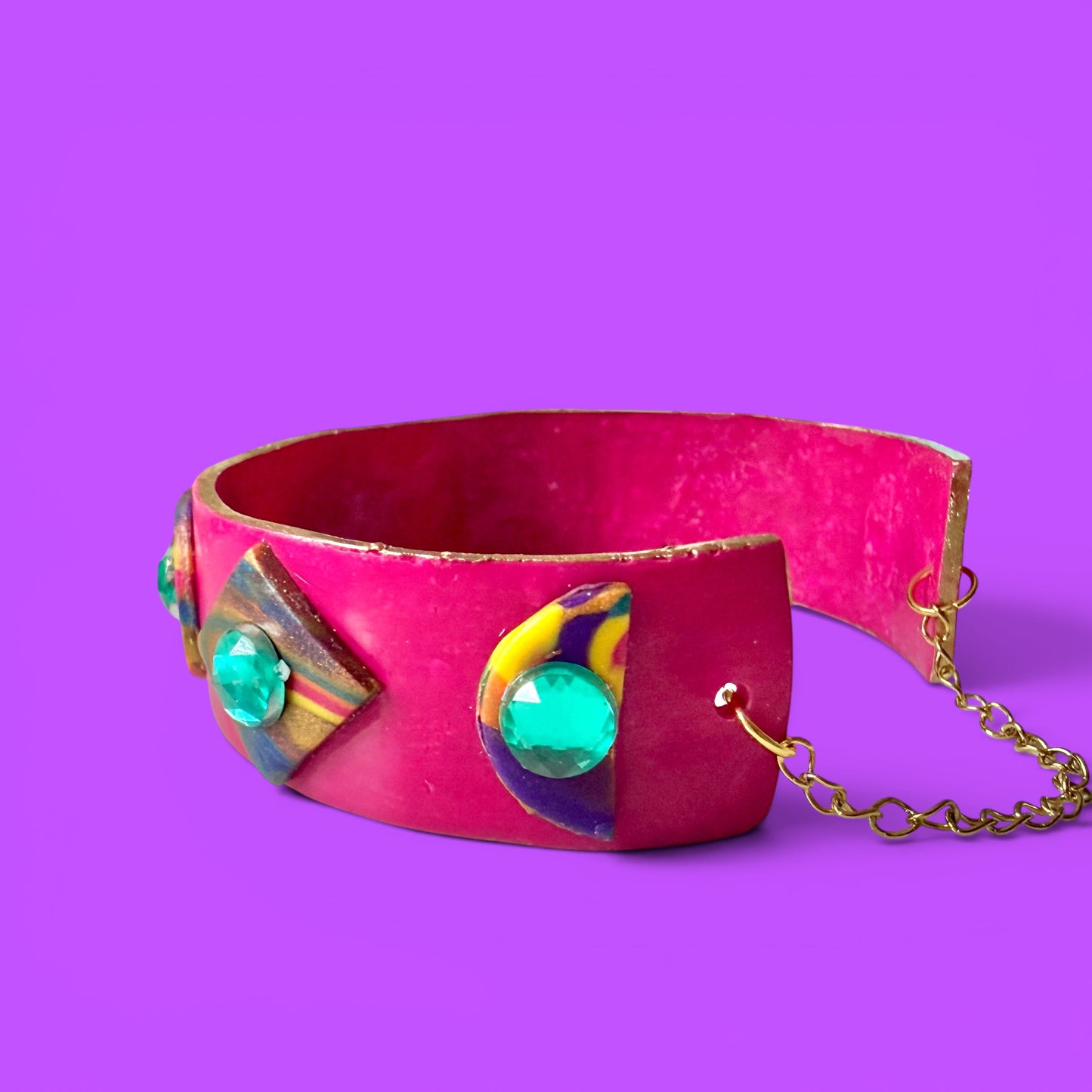 Fuschia Jeweled Clay Cuff Bracelet