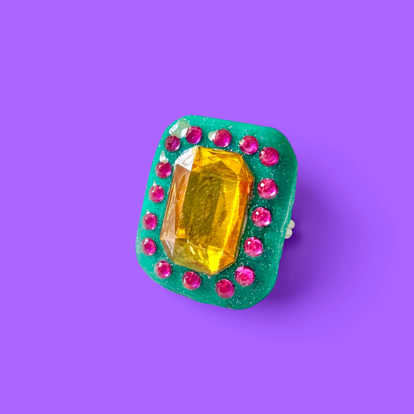 Teal Jeweled Clay Adjustable Ring 1