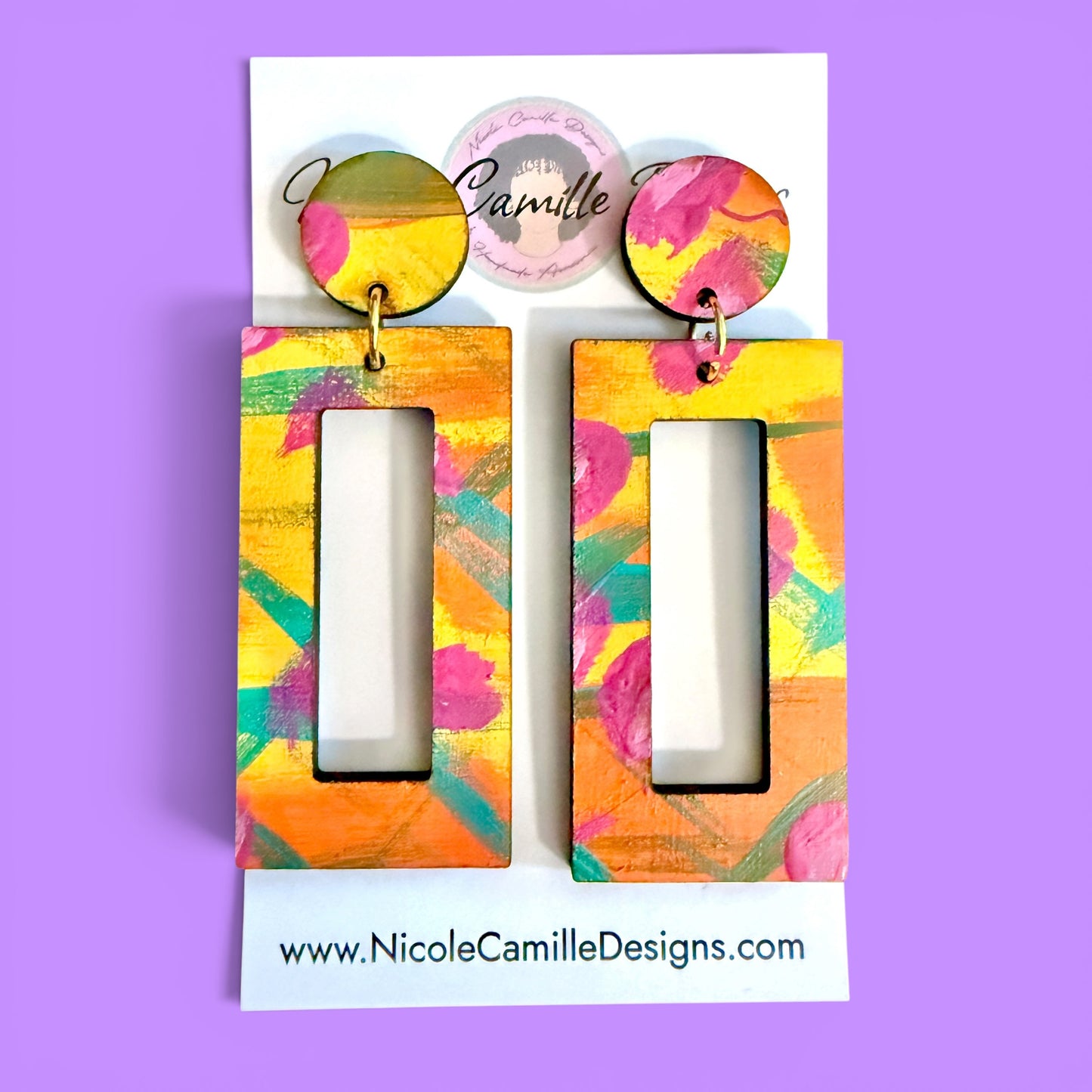 Sunset Mix Rectangle Wood Earrings