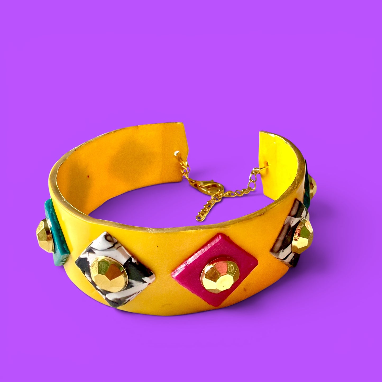 Yellow Jeweled Clay Cuff Bracelet