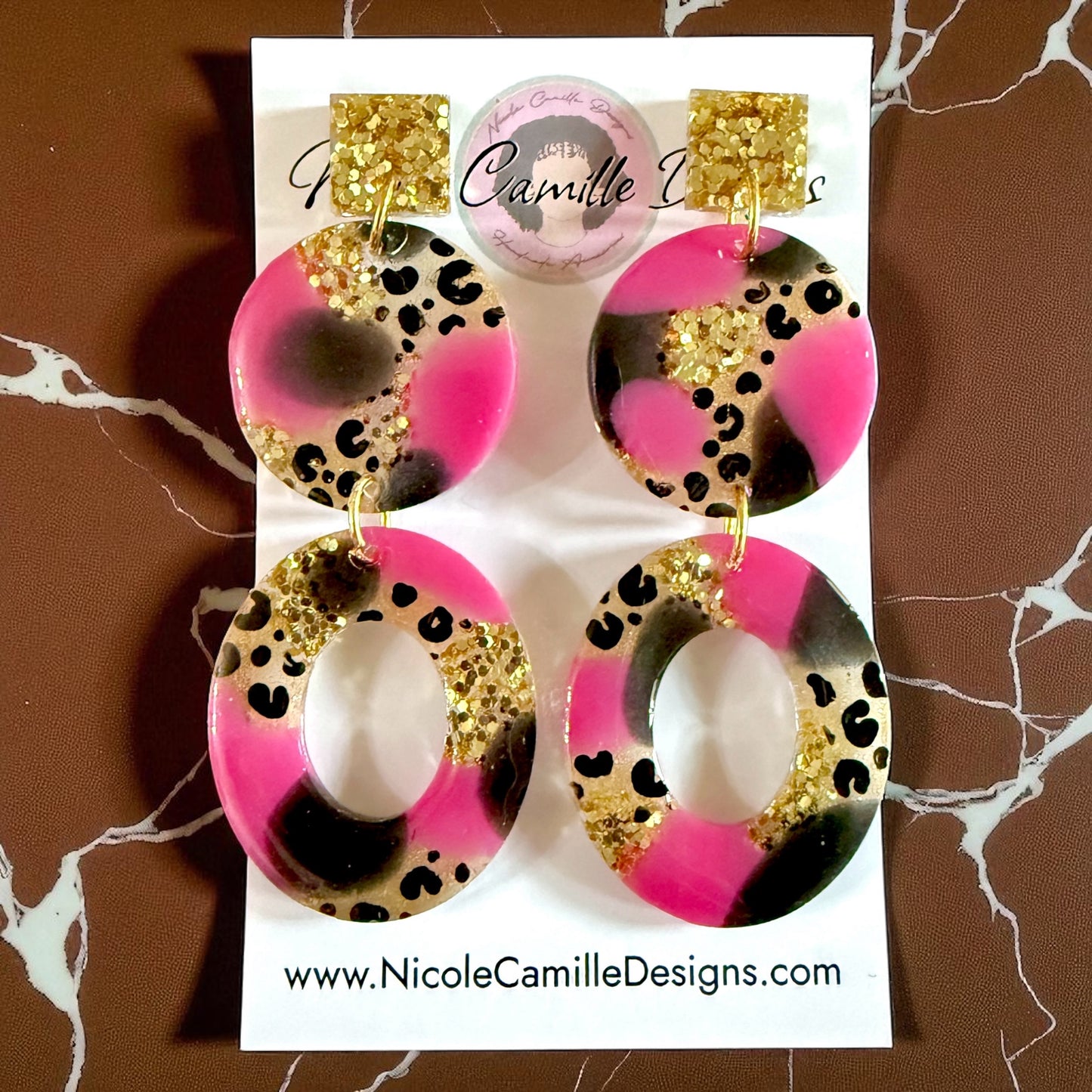 Fuschia & Black Mix Glittery Large Resin Earrings