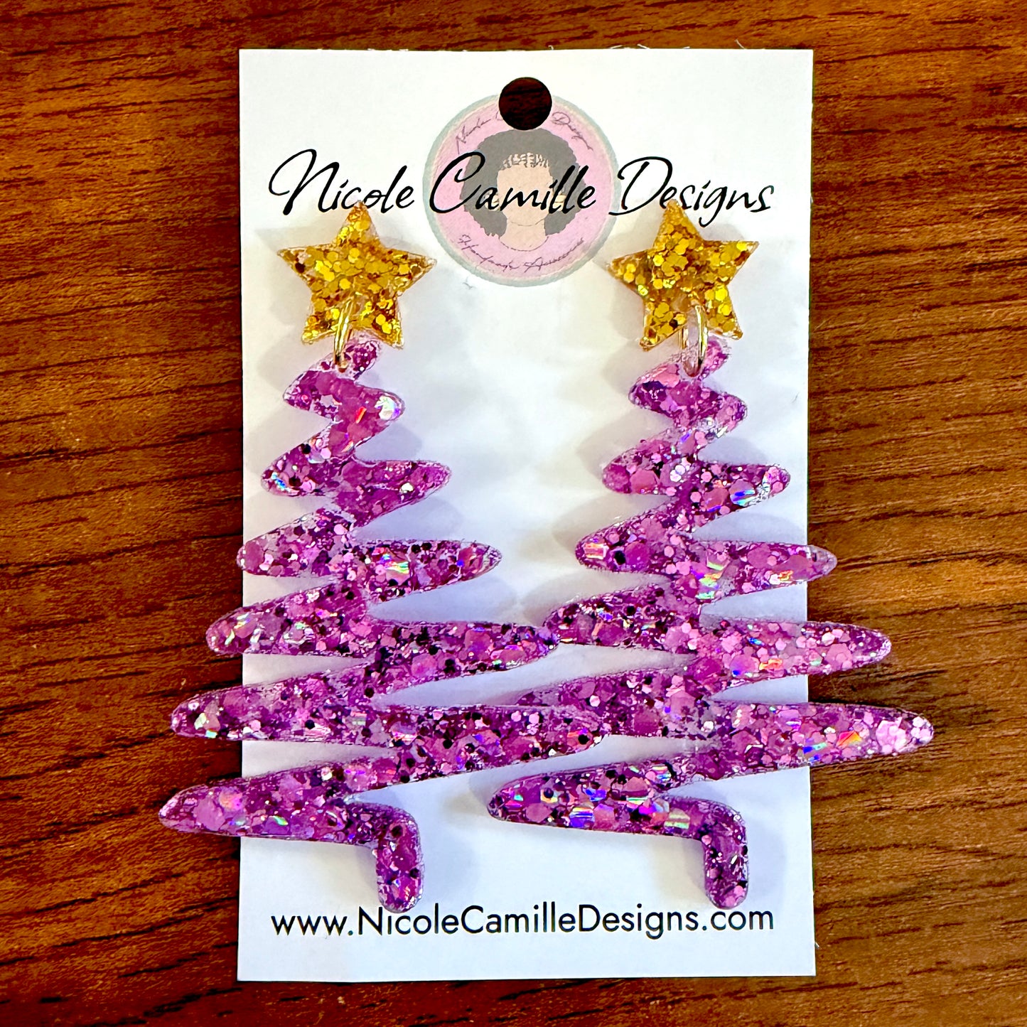 Pink Glitter Whimsical XMas Tree Resin Earrings